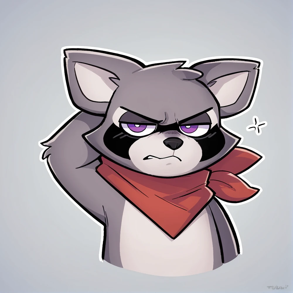 score_9, score_8_up, score_7_up, score_6_up, source_furry, simple background,  digital drawing,
rambley raccoon, solo, annoyed face, red kerchief, 4 fingers, narrowed eyes, fingers, grey fur, feet, black fur, pawpads, grey body, purple eyes, 4 fingers, 2 ends of kerchief, (headshot portrait), ears down, ears behind head, ears lowered,
<lora:Rambley_Raccoon:0.9>