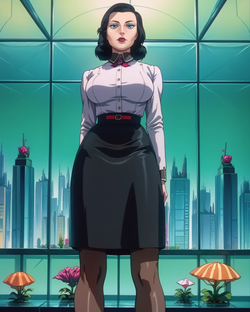 score_9, score_8_up, score_7_up, zPDXL,retro artstyle, <lora:Ghost_In_The_Shell_style:0.90>ghostintheshellstyle, retro anime, <lora:BASElizabeth:1>baselizabeth, black hair, makeup, long sleeves, lipstick, skirt, large breasts, thighhighs, art deco, glass, cityscape, aquarium