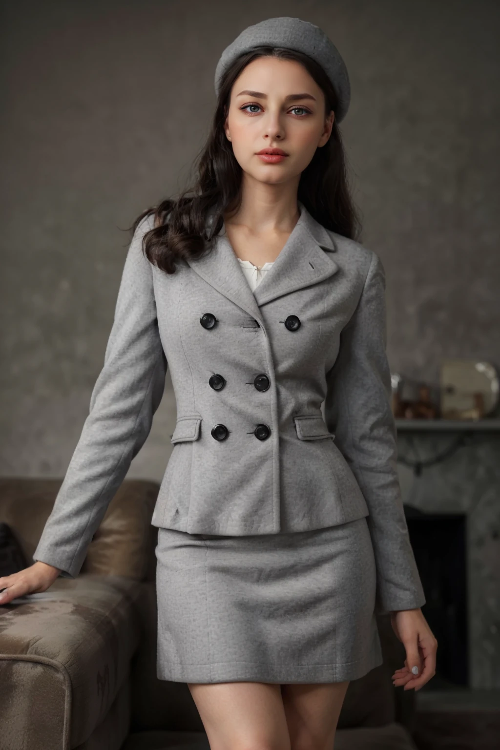 1940s Fashion, professional photo of 30yo woman in long grey skirt, coat ,beret, black details, clothing details, (shoes), (standing),4k, 8k, high quality, perfect lighting, detailed face and detailed eyes, skin detail,  solo focus, photography raw, (1940s living room background, frames ), perfect lighting,  clean smooth skin, looking at camera, detailed eyes, pretty face, full body standing,   <lora:1940sFashion-000002:0.6>,