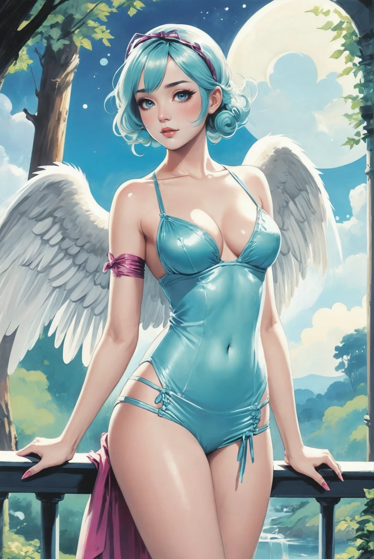 retro 1920s fantasy magazine illustration, anime style, 1girl, woman, (stone Duckcore:1.3) angel, lingerie, [:casual, casual costume design,:0.2], bombshell hair, sparkling color:lightseagreen hair with azure highlights, Braided Headband, glowing magenta clothes, toned body, athletic build, narrow waist, small breasts, (asian:1.3), noon, blue sky, clouds, scenery, in a Living Forest<lora:EnvyStarlightRetro02:1.25>