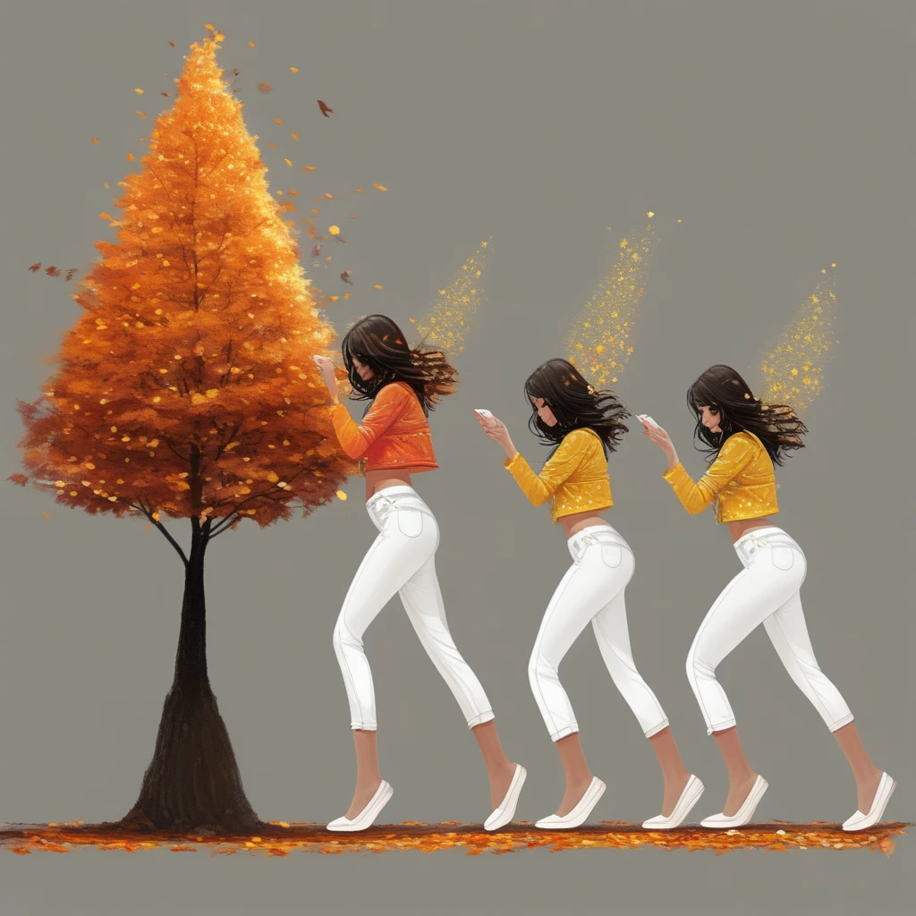 artdncshft, 5girls, tree, day, potted plant, autumn leaves, profile, squatting, white pants, light particles, nail polish, curtsey