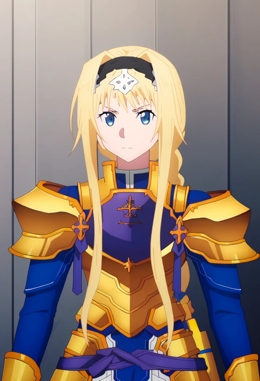 score_9, <lora:alice_zuberg:1> alice zuberg, armor, blonde hair, braided ponytail, gold armor, hairband, long hair, shoulder armor, solo