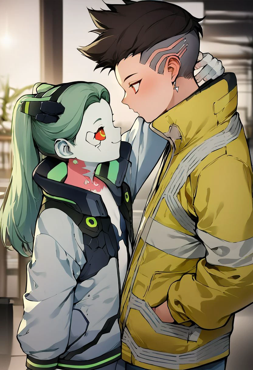 couple portrait,(xmultiplex:1 0),(Xmartinezx:1.0),(xrebecax:1.0),1boy and 1girl  kisses in futuristic city,score_9, score_8_up, score_7_up, source_anime, rating_safe,