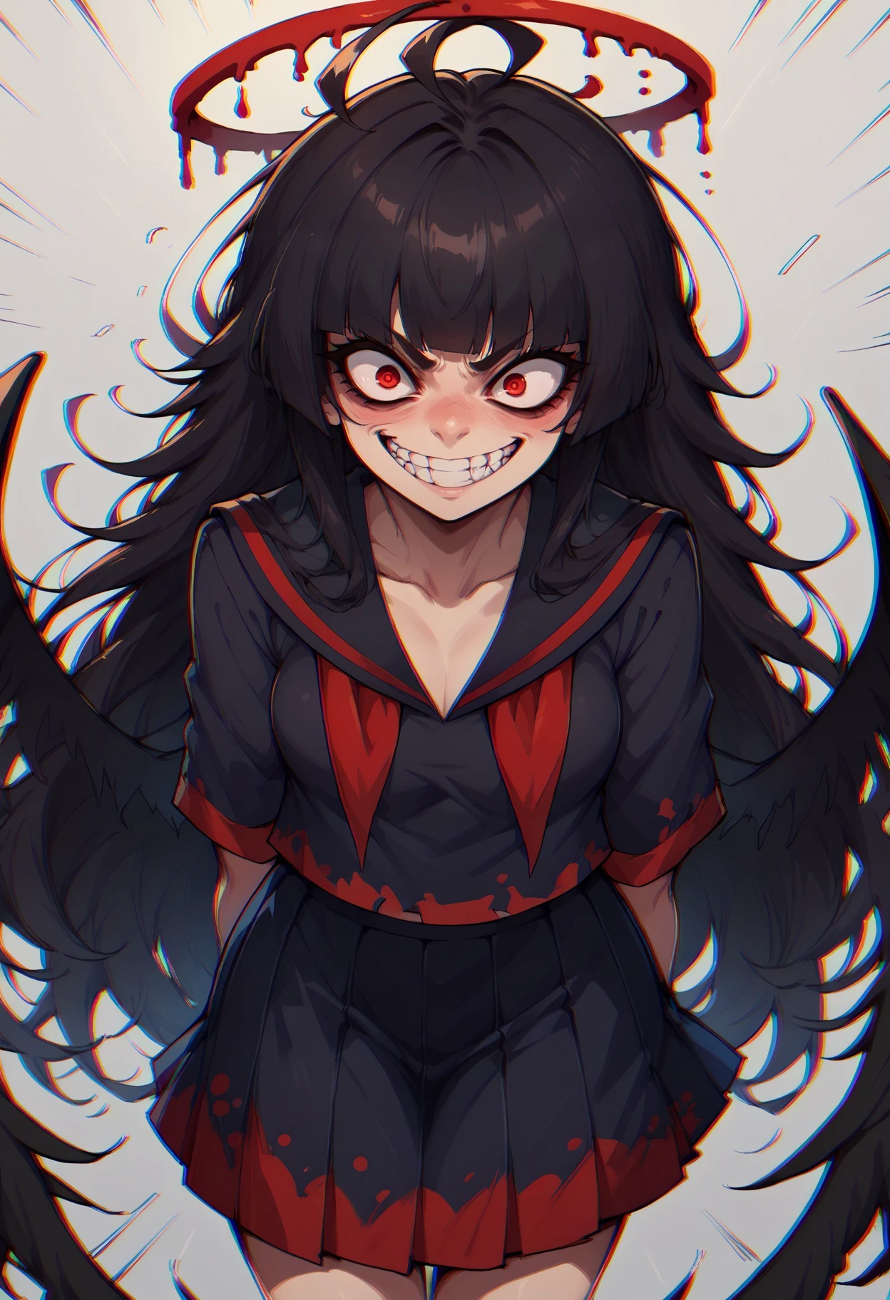 score_9,score_8_up,score_7_up,source_anime, chromatic aberration,EPbaTsurugi, black hair, long hair, red eyes, blunt bangs, ahoge, halo,black wings, , black sailor collar, black serafuku, black school uniform, black skirt, red neckerchief, blush, eyelashes, pleated skirt, sailor collar, skirt, , sharp teeth, grin, crazy eyes, crazy smile, leaning forward,
<lora:potat_chromatic_aberration_PDXL_v3:1> <lora:EPbaTsurugi:1>