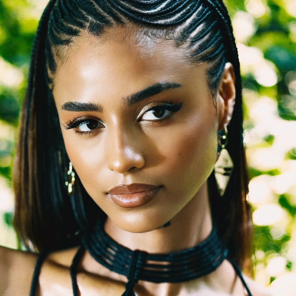 Skin texture, no makeup, Super high res closeup portrait photo of a stunning woman outdoors with straight hair, wearing a small string choker around her neck,f /2.8, Canon, 85mm,cinematic, high quality,looking at the viewer, , tyxla, <lora:tyla_juggerX_xl_1_st_wocap-tyxla-000086:1>