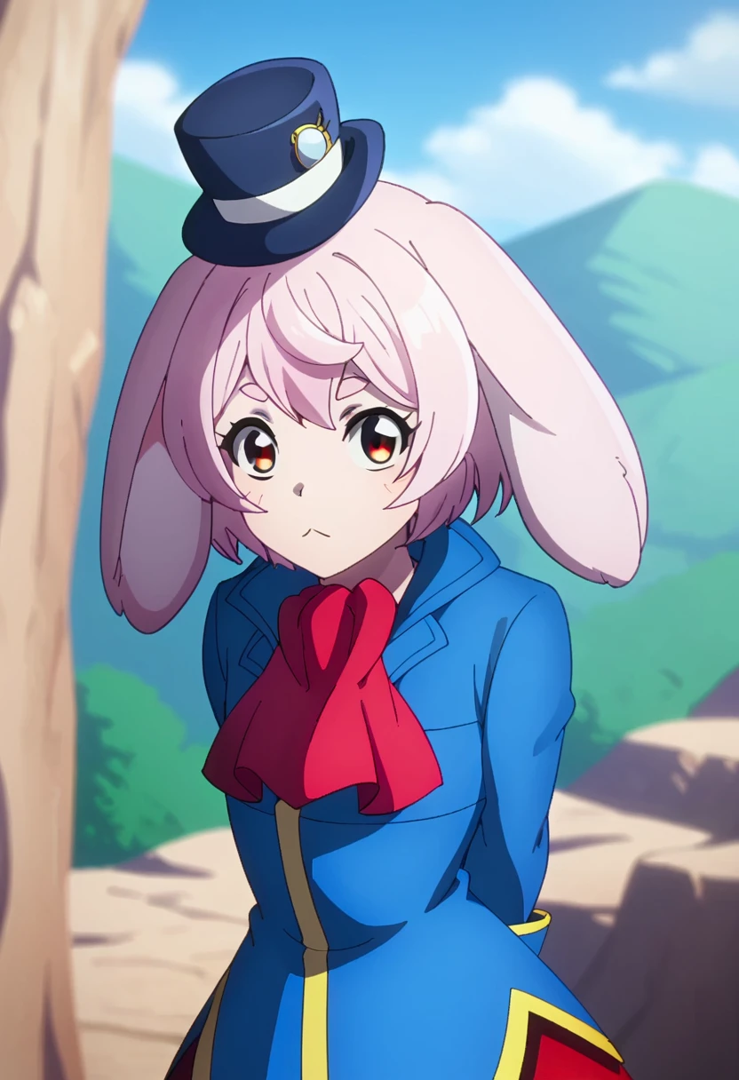 score_9, <lora:Emul_human:1> emul_human, 1girl, arms behind back, ascot, coat, emul_human, from behind, hat, looking at viewer, outdoors, pink hair, rabbit girl, sky, solo, upper body, white hair