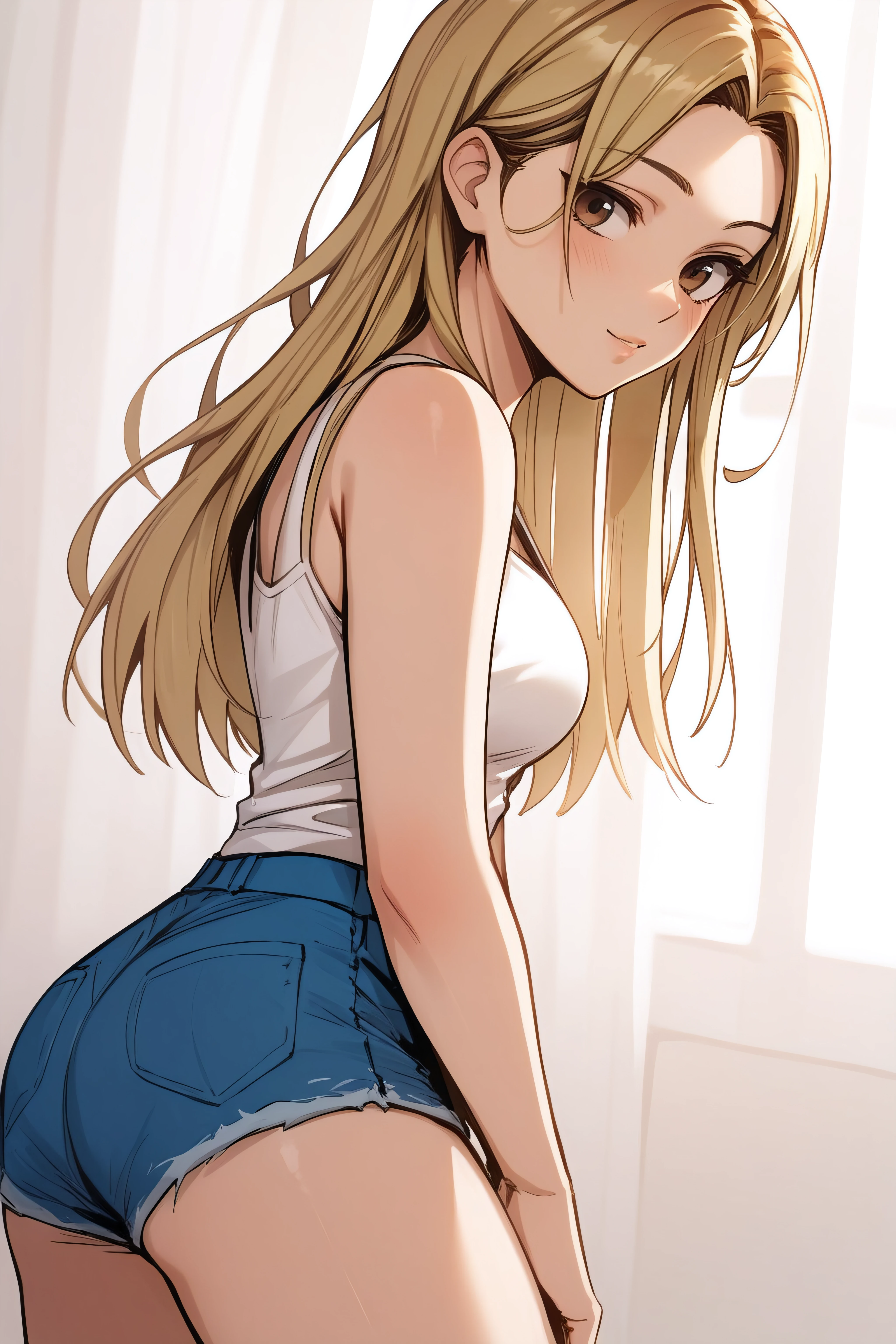 score_9, score_8_up, score_7_up, <lora:Jia Han-PonyXL-lora-Faxtron:0.8> jia han, brown eyes, blonde hair, multicolored hair, long hair, medium breasts, white tank top, bare shoulders, collarbone, sleeveless, blue denim shorts, standing,