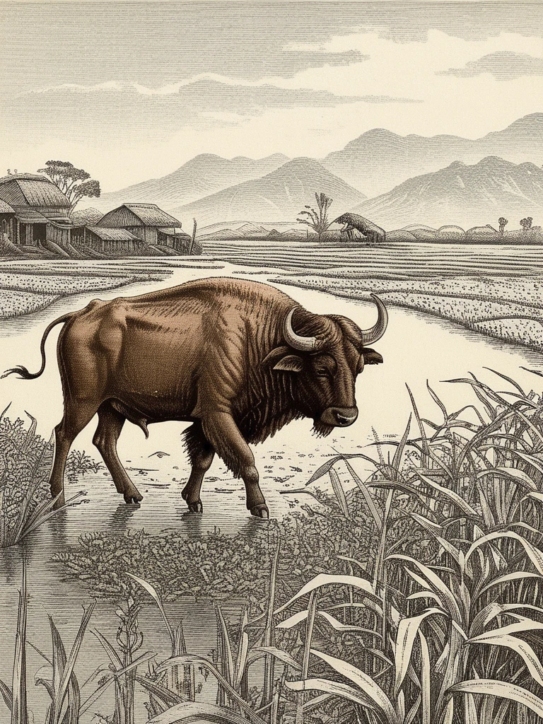 Buffalo, Paddy Field, Vintage, Copper engravings, Thick lines