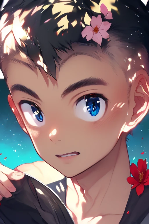 anime artwork, master piece, best quality, BREAK 1boy, solo,
jyunzaburou, detailed hair, transparent hair, looking at viewer, Delicate eyes, beautiful eyes, detailed eyes, upper body hi res, detailed, perfect bow,outdoor, (holding flower:1.3) dutch angle, In the garden,clean, beautiful face, pure face, pale skin, (hyper extreme detailed:1.05), stunning lighting effects, warm light projection,  ((male short hair)),((boys short hair)), ((very short hair)), black hair, black eyes,  <lora:jyunzaburouSD:1.5>