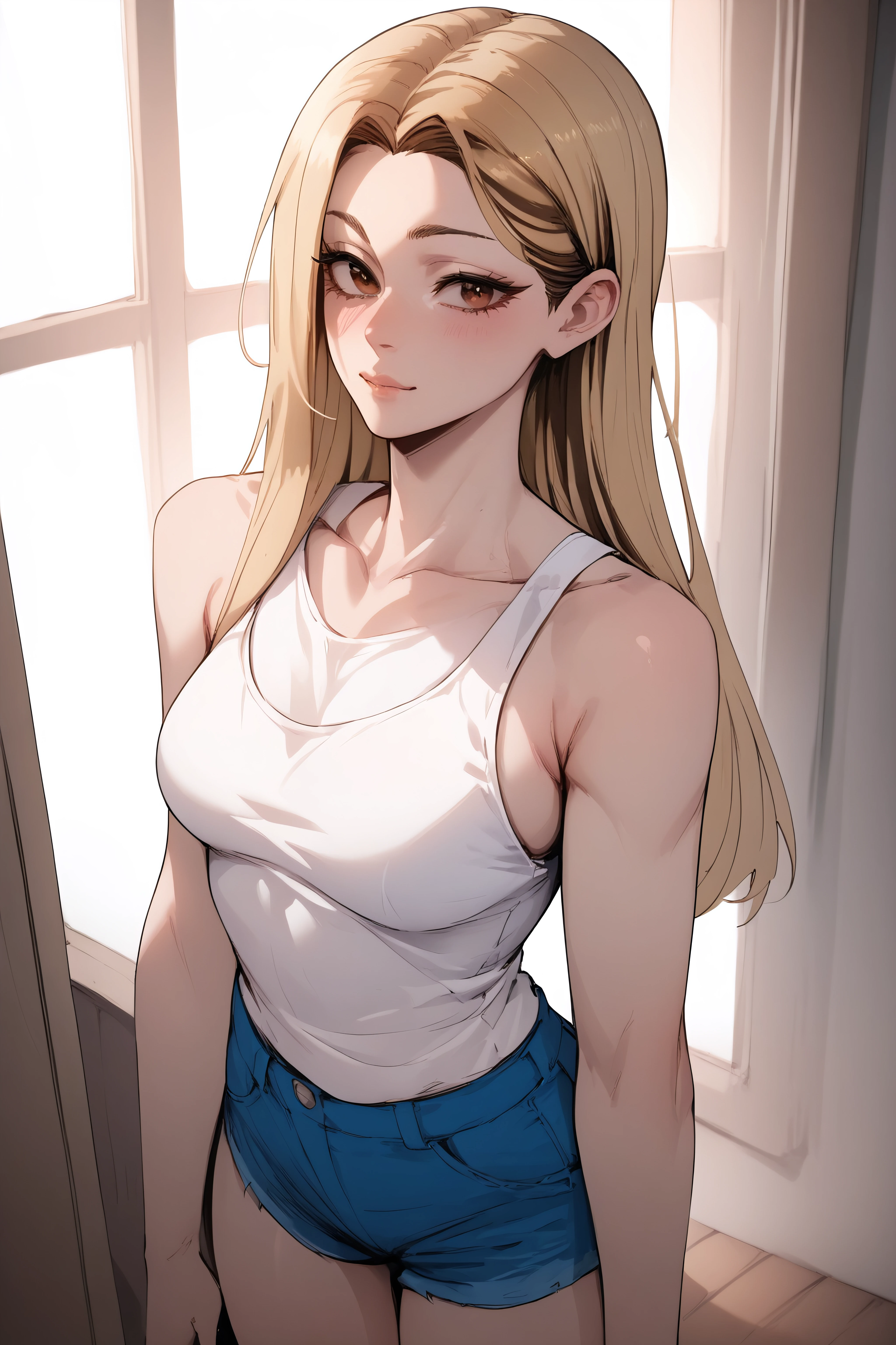 score_9, score_8_up, score_7_up, <lora:Jia Han-PonyXL-lora-Faxtron:0.8> jia han, brown eyes, blonde hair, multicolored hair, long hair, medium breasts, white tank top, bare shoulders, collarbone, sleeveless, blue denim shorts, standing,