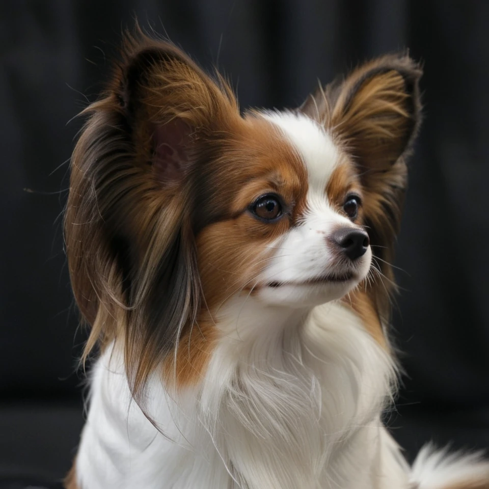 realistic upper body photograph of head (profile:1.1) of brown-white continental toy spaniel (Papillon:1.1)  dog having (long-hair ears:1.3) (head:1.1), The dog has a narrow white blaze between the eyes, the dog's forehead hangs over its muzzle
BREAK illustration, flat vector graphics, (monochrome two colors:1.2), thin sharp outline, sticker imitation, NOBLEDOGS_CTS  <lora:NOBLEDOGS_CTS-000018:0.65>