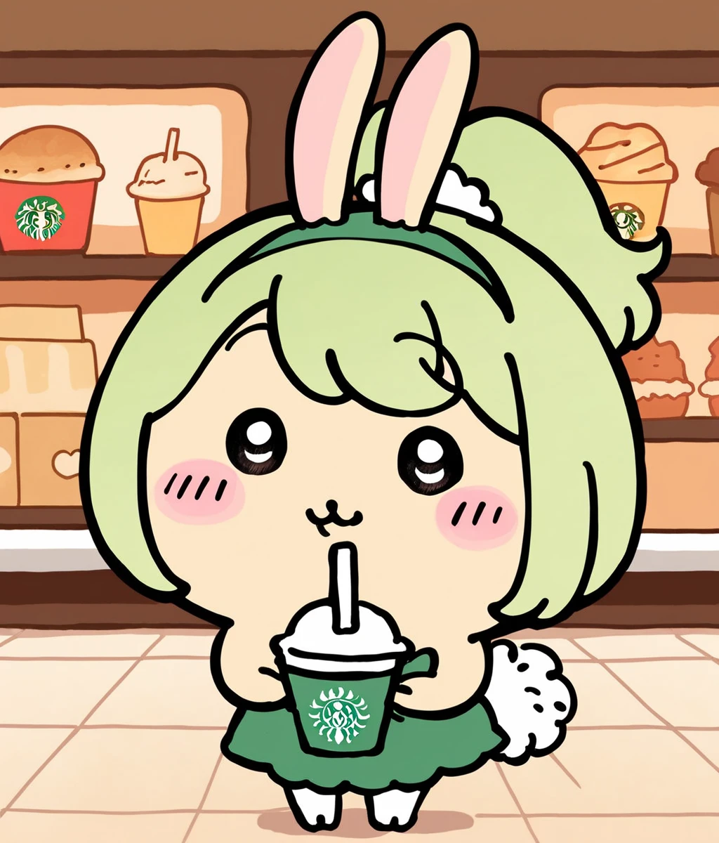 Score_9,score_8_up,score_7_up,source_anime,1girl,solo,bunny,chibi,no humans,furry,:3,beige,blush stickers,cuteg,cartoonized,looking at viewer,nakai \(waitress\),light green hair,hairband,high ponytail,green_sarong,cafe,starbucks,<lora:Role_Usagi_Chiikawa>,