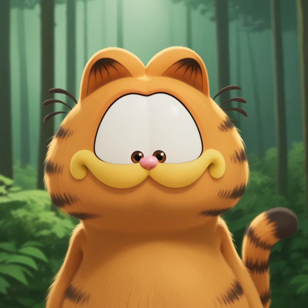 score_7_up, BREAK, no humans, Garfield, solo, brown eyes, orange fur, cat ears, <lora:Garfield_XL_Leaf1:1>, forest,