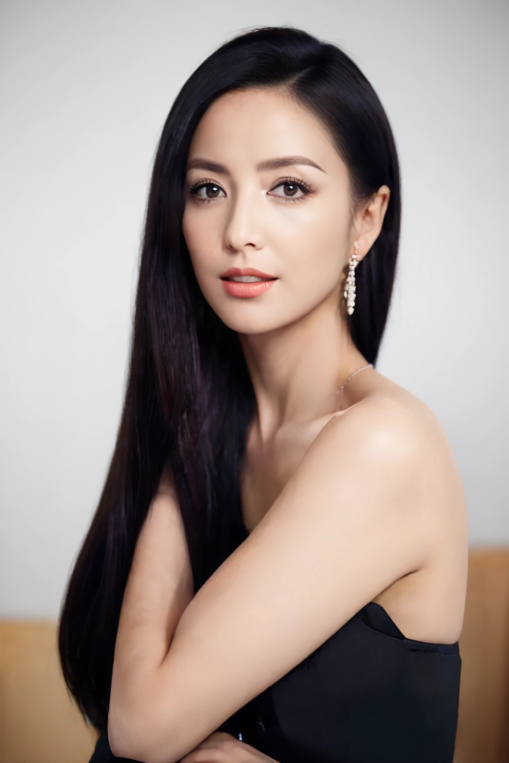 realistic,meticulously drawn large light black eyes,super detailed eyes,(masterpiece:1.2),(best quality:1.2),1girl,solo,looking at viewer,indoors,high_heels,long hair,<lora:tly1:0.9>,earrings,(full_shot:1.1),