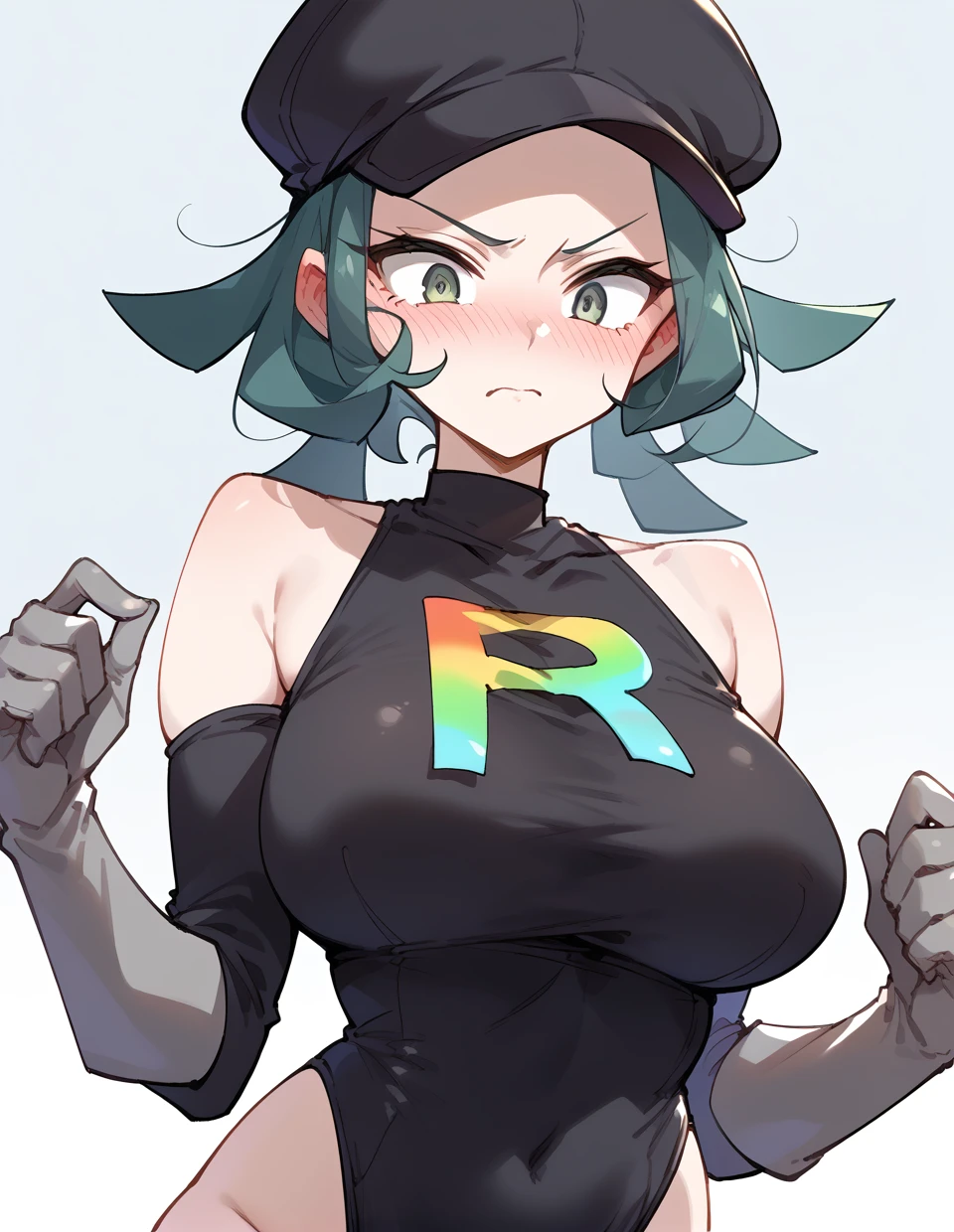 score_9,score_8_up,score_7_up,score_6_up,score_5_up,score_4_up,
1girl,solo,<lora:rainbow rocket grunt_pony:1>,rainbow rocket grunt,eyelashes,gloves,team rocket,large breasts,medium hair,black leotard,blush,embarrass,bare shoulders,