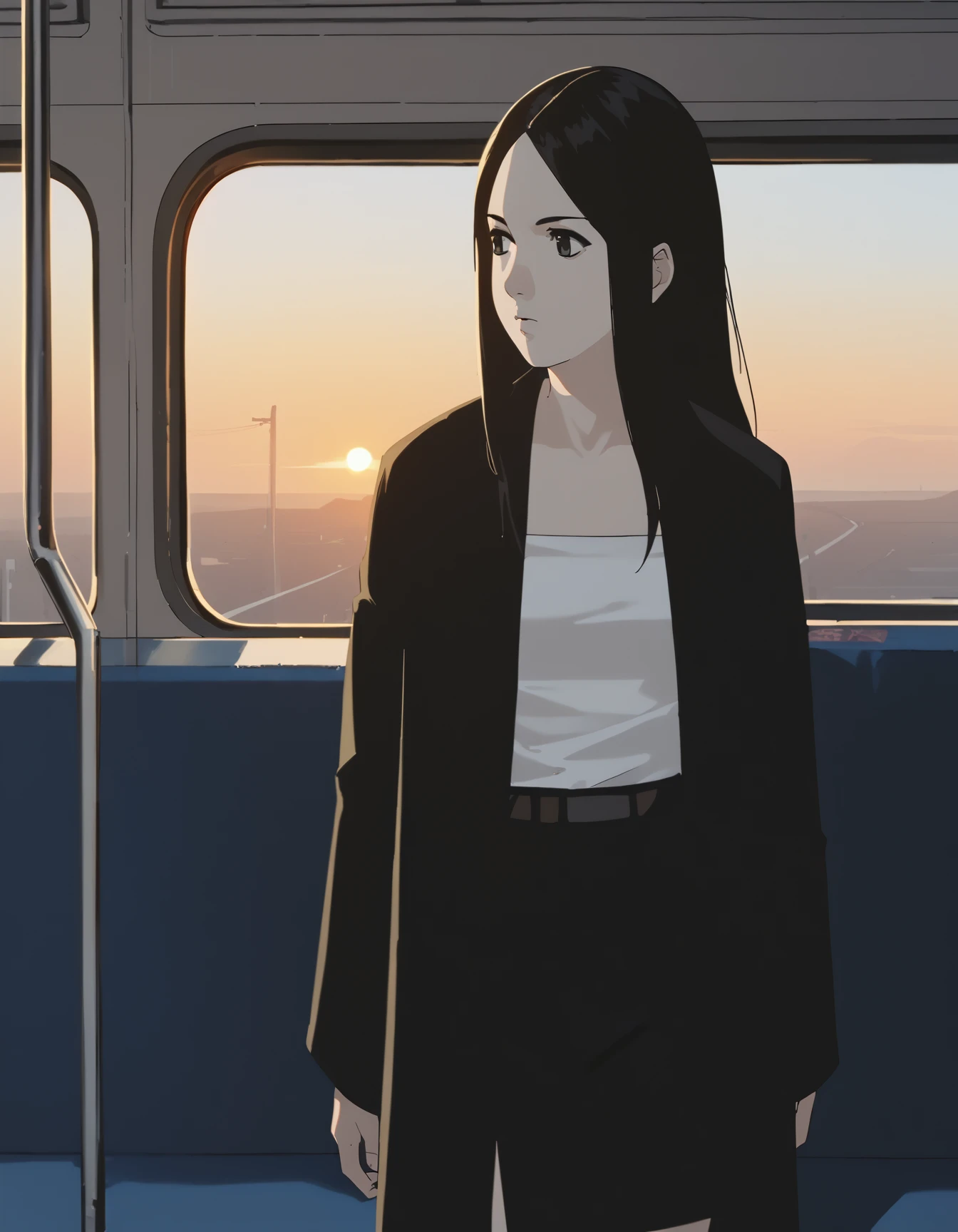 score_9, score_8_up, score_7_up, source_anime, <lora:ray-animation-ponyxl:1> kasuganoray, pale skin, black coat, black hair, tube top, black skirt,
1girl, train interior, hand grip, looking to the side, sunset