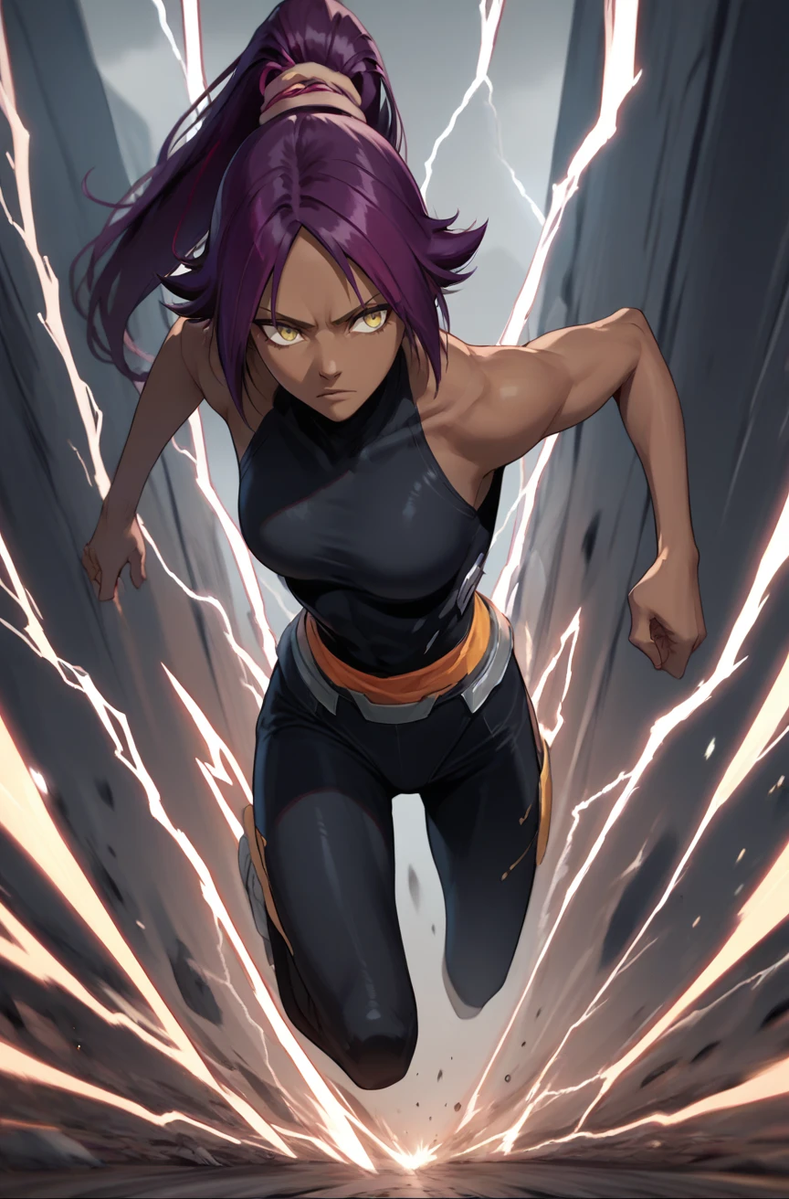 score_9, score_8_up, score_7_up, source_anime, <lora:Superspeed:0.9> electricity, running <lora:yoruichi-shihouin-ponyxl-lora-nochekaiser:0.8> yoruichi shihouin, long hair, yellow eyes, ponytail, purple hair, dark skin, dark-skinned female, bodysuit, black bodysuit, bare arms, bare shoulders,