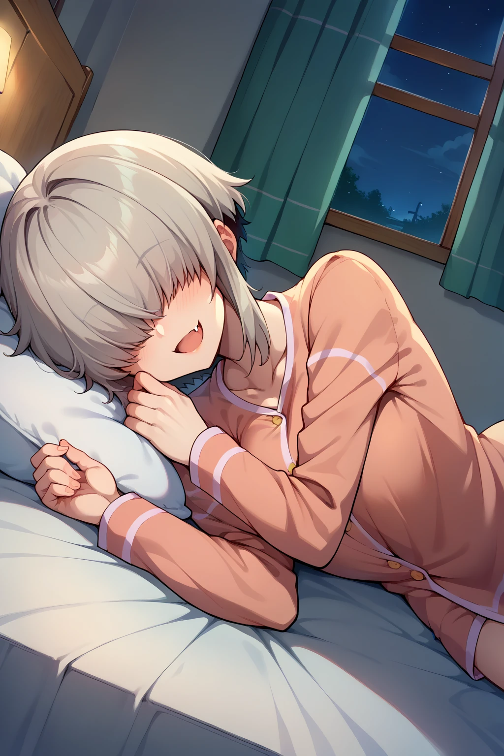 score_9, score_8_up, score_7_up, source_anime, looking at viewer, smile, ynguzk, fang, covered eyes, short hair with long locks, pajamas, lying, indoors, bedroom, night, <lora:Hoseki_UzakiChan_YanagiUzaki_PDXL_v1:1>