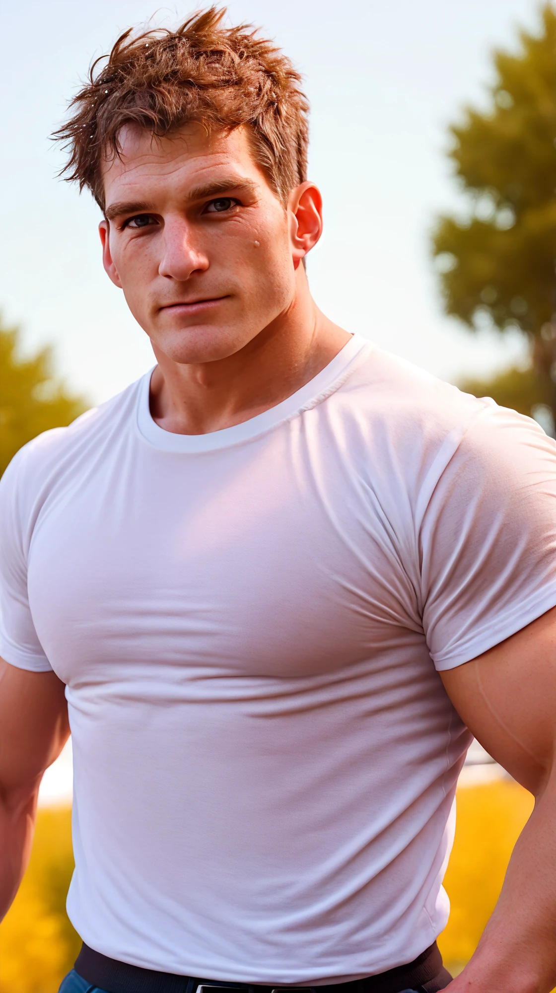 (face focus). (masculine:1.3), (large strong physique:1.1), at outdoor sunny park, (muscular man wearing tight tshirt :1.0), sexy pose:1.0, styled hair, confident, handsome, (((masterpiece))), (((best quality))), (hands on waist), male, athletic, looking at viewer, (short hair), lower color saturation:1, lower contract color:1,<lora:cp5ara5e878c7399p3v0:1>, HistorianDanSnow
