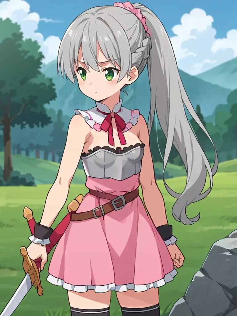 score_9, score_8_up, score_7_up, source_anime, 2D, flat colors, flat shadows, anime_screencap, <lora:lalabidunpony:1>,
1girl, solo, ciellalanciel, grey hair, long hair, ponytail, braid, pink scrunchie, green eyes, pink dress, sleeveless, cleavage, detached collar, neck ribbon, armor, breastplate, arm_guards, black thighhighs, belt, outdoors, rock field, standing, sword, holding, serious