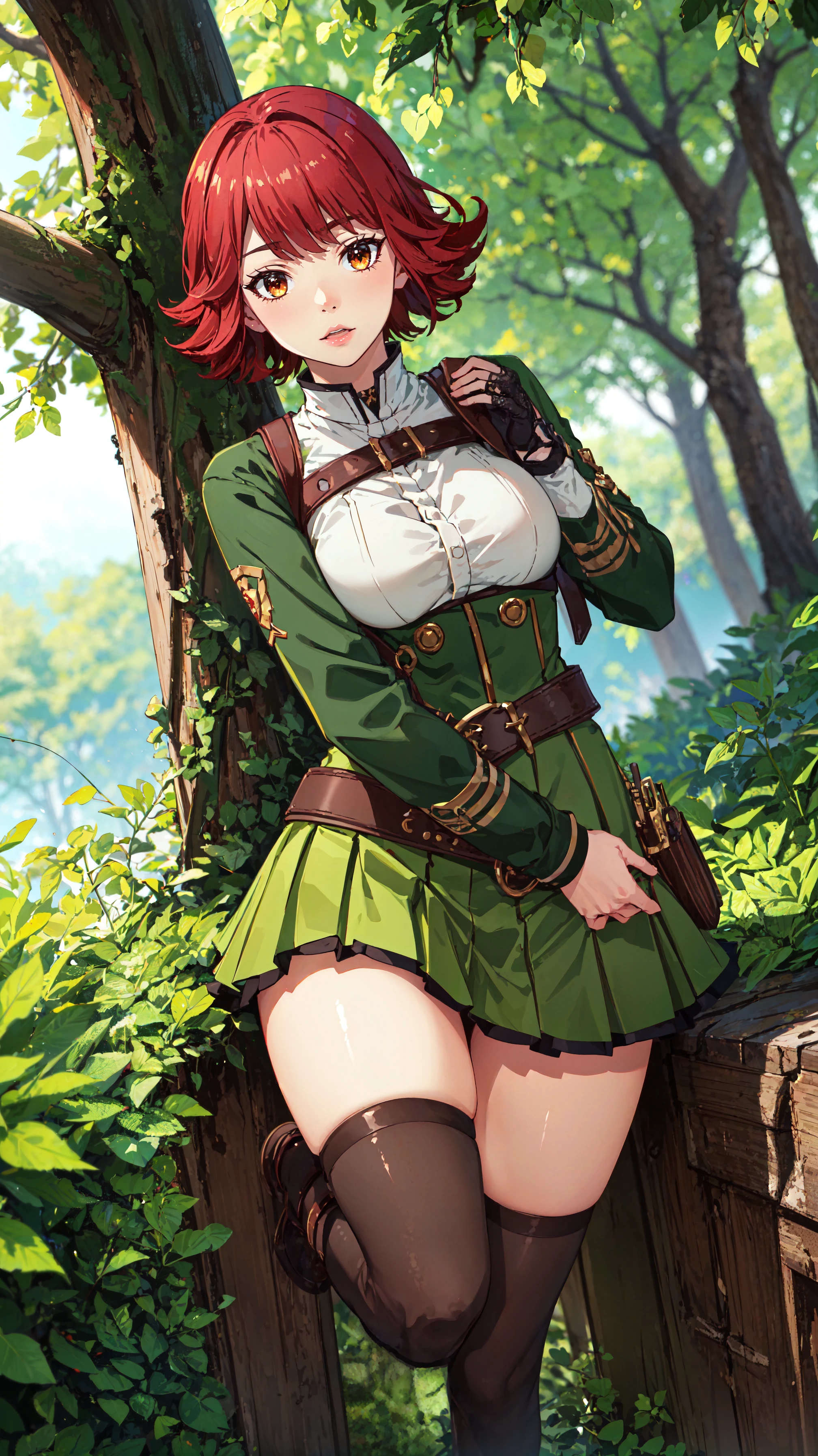 photorealistic, (4k), depth of field, (Masterpiece), (realistic skin texture), extremely detailed, intricate, hyper detailed, professional photography, bokeh, high resolution, sharp detail, best quality, girl, short hair, red hair, orange eyes, green and white outfit, belt, green skirt, <lora:GoodHands-vanilla:0.4>, <lora:detail_slider_v4:0.8> , dynamic pose, (thigh straddling), <lora:Byleri-000004:0.8>, tall forest, meadow, grass, path,