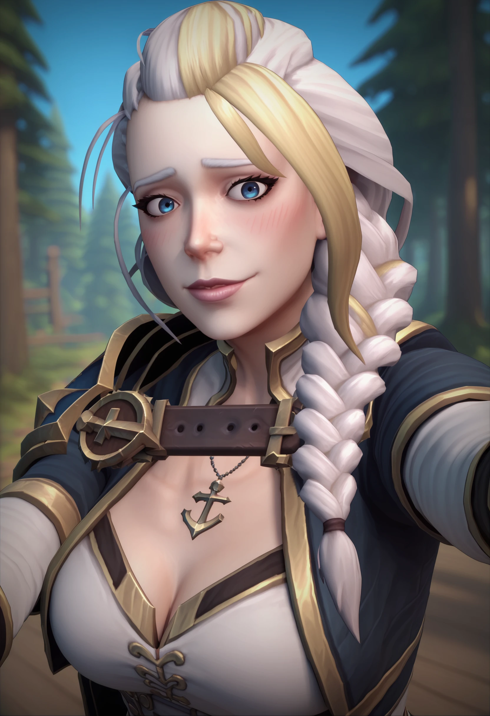 score_9, score_8_up, score_8, 1girl, <lora:JainaProudmoore:0.9> solo, lips, large breasts, cleavage, blue eyes, multicolored hair, two-tone hair, blonde hair, white hair, braid, long hair, looking at viewer, smile, side view, selfie pose, embarrassed, blush,
forest background, 3d, render,