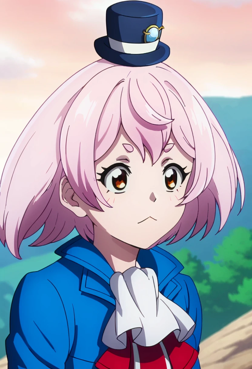 score_9, <lora:Emul_human_redo:1> emul_human, 1girl, brown eyes, ascot, blue jacket, emul_human, long sleeves, mini hat, outdoors, parody, pink hair, short hair, sky, solo, thighhighs, upper body, white hair