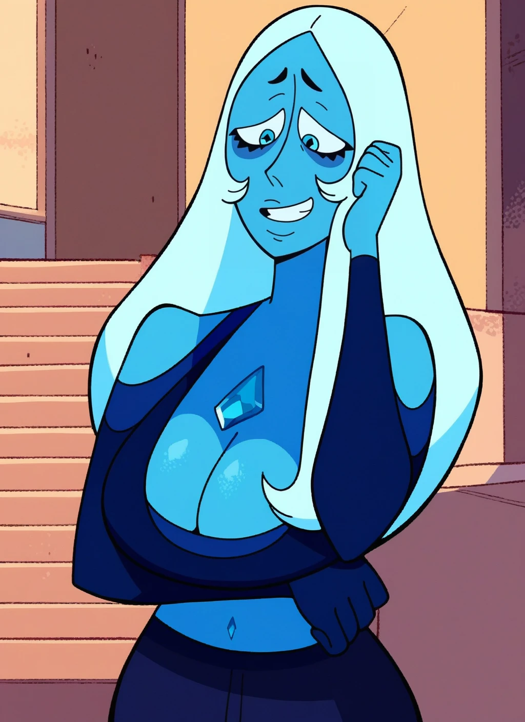 score_9, score_8_up, score_7_up, highly detailed, blue diamond, blue ski, white hair, large breasts, shirt, midriff, cleavage, smile, rating_questionable, source_anime, sustl, BREAK best quality, masterpiece, cartoon, e621, digital_art <lora:Stevenuniverse-style-pdxl-4:1.0>