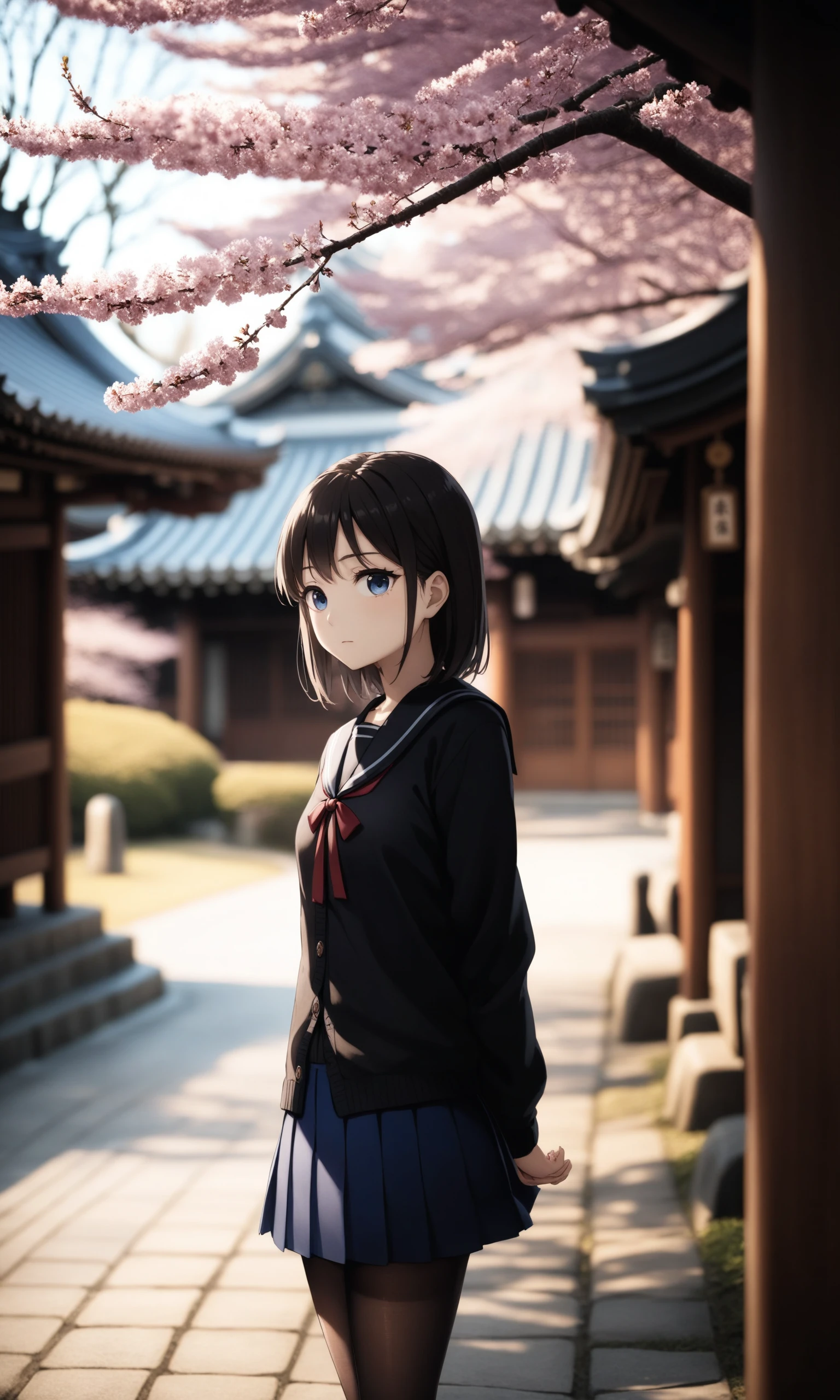 anime,amazing quality,masterpiece,best quality,awesome,inspiring,cinematic composition,soft shadows,Film grain,shallow depth of field,highly detailed,high budget,cinemascope,epic,OverallDetail,color graded cinematic,atmospheric lighting,imperfections,natural,shallow dof,
1girl,solo,looking at viewer,school uniform,black serafuku,black shirt,long sleeves,outdoors,arms behind back,pleated skirt,blue skirt,cardigan,school bag,pantyhose,shrine,east asian architecture,tree,cherry blossoms,