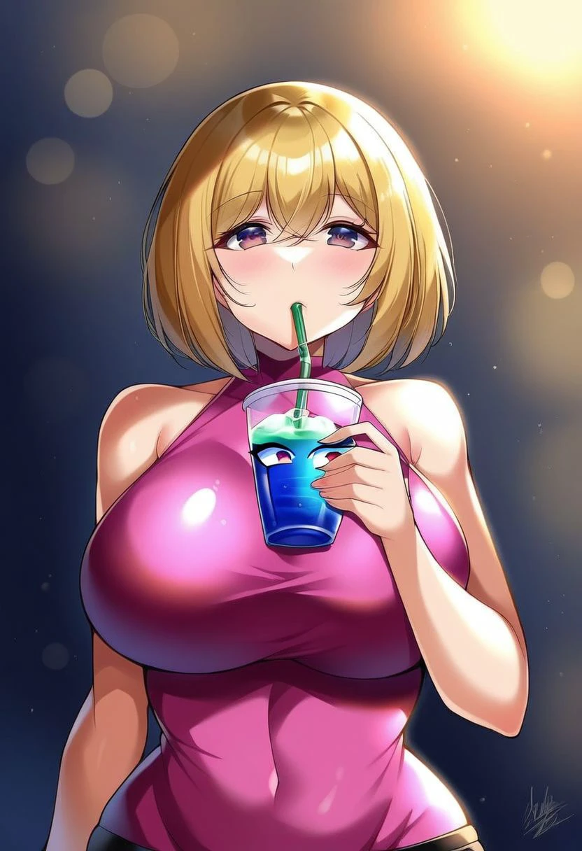 1woman, cartoon style, curvy body, Huge boobs, face focused, close up on drink, upper half, ((holding cup in hand)), 5 fingers, hand wrapped around cup, holding cup up to mouth, drinking straw in mouth, sucking up liquid through straw, drinking out of a colored cup with a straw, living drink, 