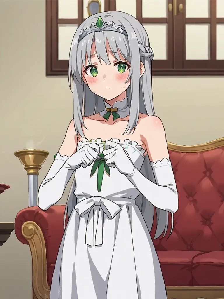 score_9, score_8_up, score_7_up, source_anime, 2D, flat colors, flat shadows, anime_screencap, <lora:lalabidunpony:0.8>,
1girl, solo, ciellalanciel, grey hair, long hair, hair down, green eyes, white gloves, elbow gloves, white dress, sleeveless, bare shoulders, collarbone, tiara, indoors, ballroom, standing, shy, blush, looking at viewer, cowboy shot,