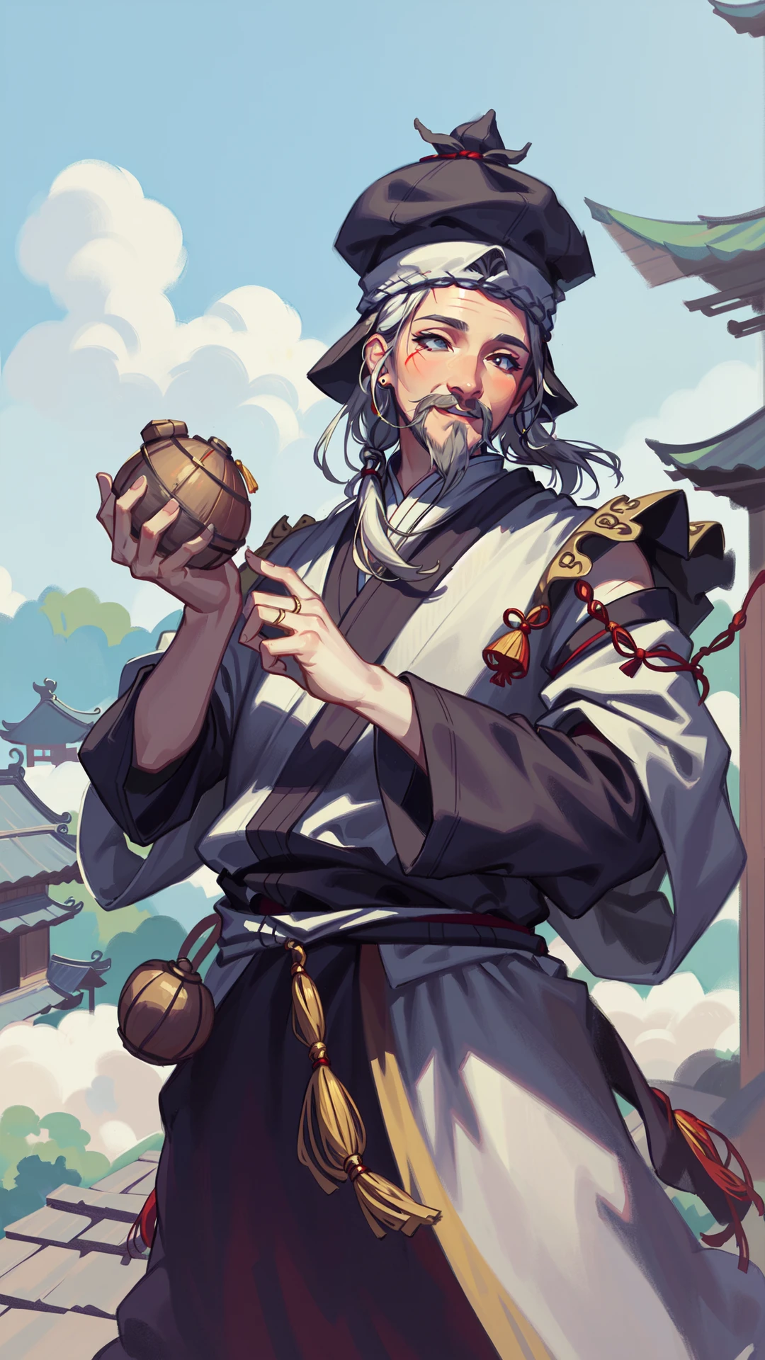 (holding gourd), gosk, solo, 1boy, old man, white hair, (white robes), smiling, male focus, facial hair, beard, hat, mustache, (((cowboy shot))), (((dynamic pose))), (((outdoors, medieval fantasy, chinese, wuxia, village background))), 8k, 16k, trending on pixiv, fanbox, skeb, masterpiece, detailed face, digital painting, (best quality, ultra detailed), (detailed background:1.2), (perfect face, detailed face), (mature female:1.4), <lora:sd_v15_dpo_lora_v1:0.8>,   <lora:gosk:0.8>