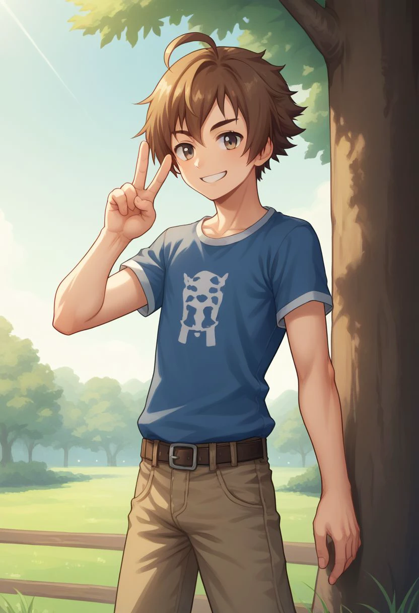 sscore_9, score_8_up, source_anime, highly detailed, 1boy, solo, skinny,
yew, solo, 1boy, brown hair, male focus, short pants, boots, shirt, ahoge, smile, v sign, upper body,
outdoor, wood,