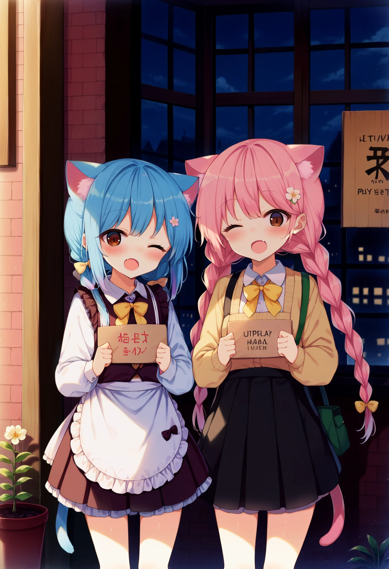 score_9, uncensored, source_anime <lora:shnva_pony_v1:1>
long hair, looking at viewer, blush, smile, open mouth, shirt, skirt, multiple girls, long sleeves, hair ornament, holding, bow, animal ears, 2girls, very long hair, twintails, brown eyes, standing, blue hair, jacket, tail, white shirt, closed eyes, pink hair, braid, flower, :d, hair bow, outdoors, pleated skirt, frills, open clothes, food, sky, day, puffy sleeves, fang, cloud, black skirt, cat ears, off shoulder, bag, apron, sweater, blue sky, twin braids, animal ear fluff, sleeves past wrists, cat tail, window, cat girl, plant, white apron, building, waist apron, yellow bow, frilled apron, sign, potted plant, brick wall, shop
<lora:Touhou_pony:0>