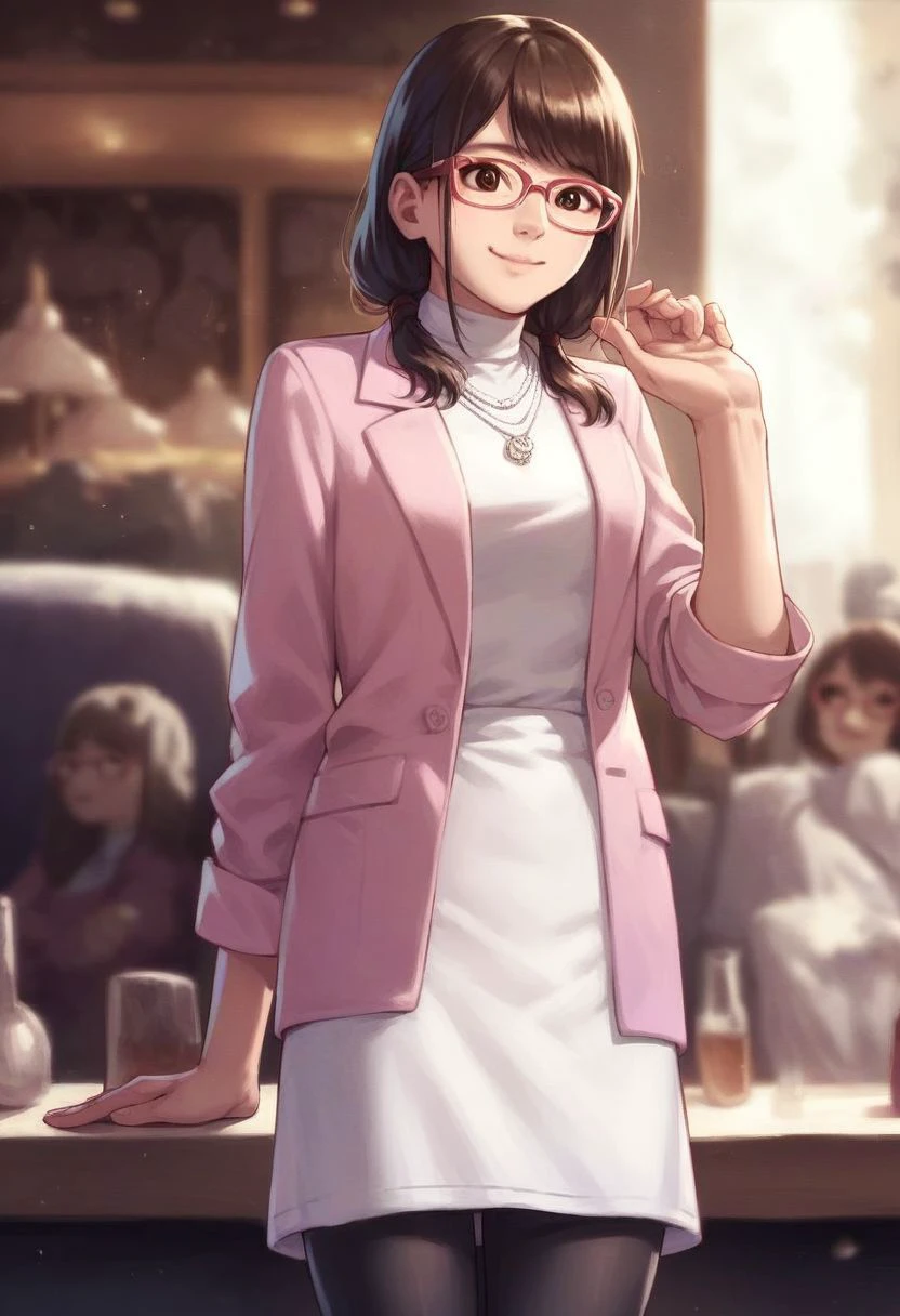 score_9_up, score_8_up, score_7_up, score_6_up, score_5_up, score_4_up, yuki_kiwami2, glasses, brown eyes, pink jacket, white turtleneck dress, necklace, black pantyhose, cute smile, in a nightclub