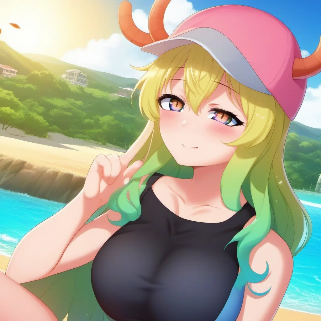 anime artwork a full body woman, massive breast, cleavage, black top, heterochromia, long gradient hair, thighhighs, orange horns through pink baseball cap, jeans shorts, red cheeks, view from top, beach  background  <lora:Lucoa1024:0.8> . anime style, key visual, vibrant, studio anime,  highly detailed