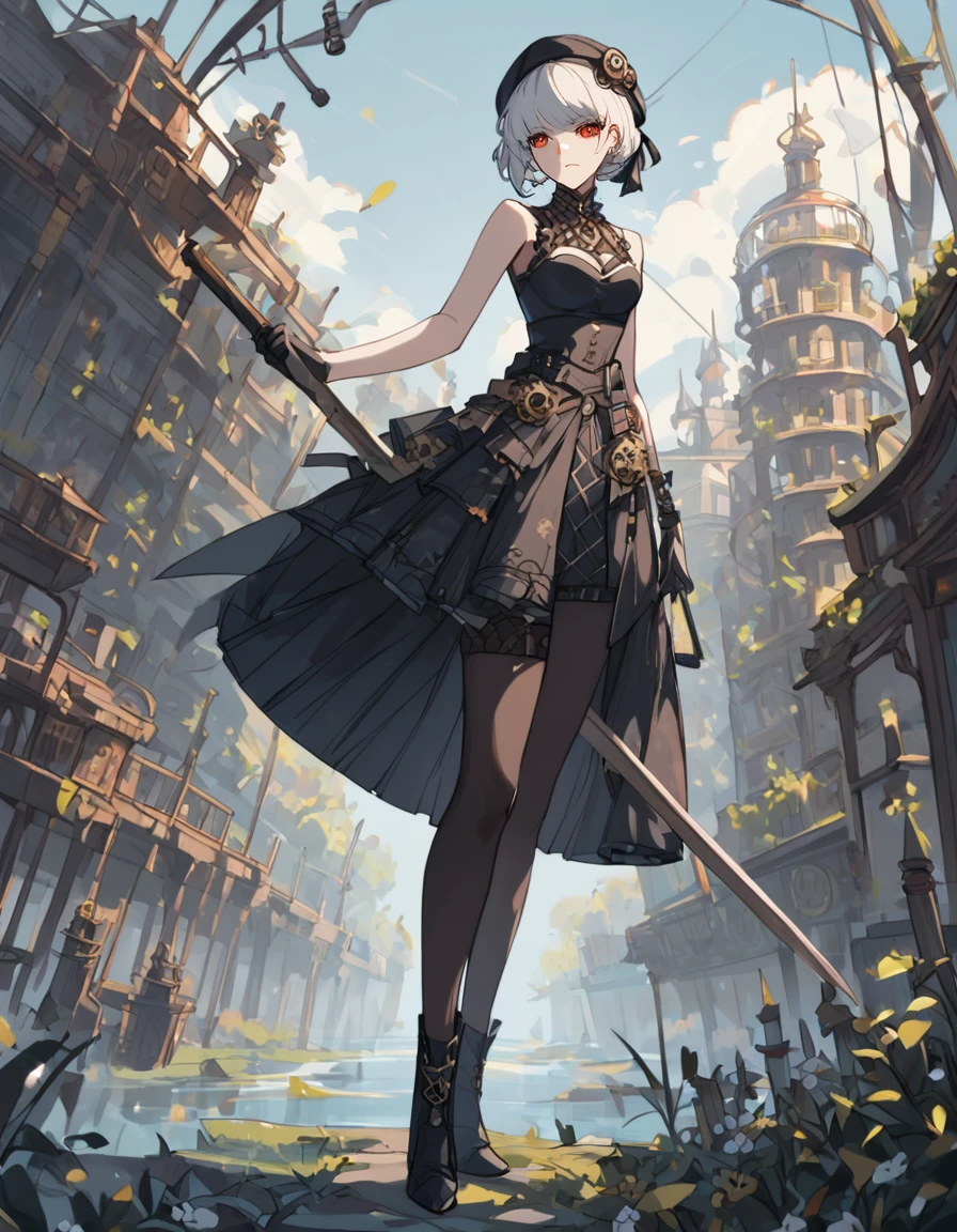 score_9, score_8_up, score_7_up, rating_safe, 
s4nchu4, steampunk beret, (goggles on headwear),full body,
solo, tree,solo, sword, official_costume, weapon, fingers, vehicle, looking at viewer,  hi res, absurd res, humanoid, white body, melee weapon, pupils,  digital media \(artwork\), holding weapon, holding sword,
victorian  steampunk city background, airships, 
 <lora:Sanhua_Wuthering_Waves:0.8>
 <lora:Steampunk_Pony:0.8> steampunk