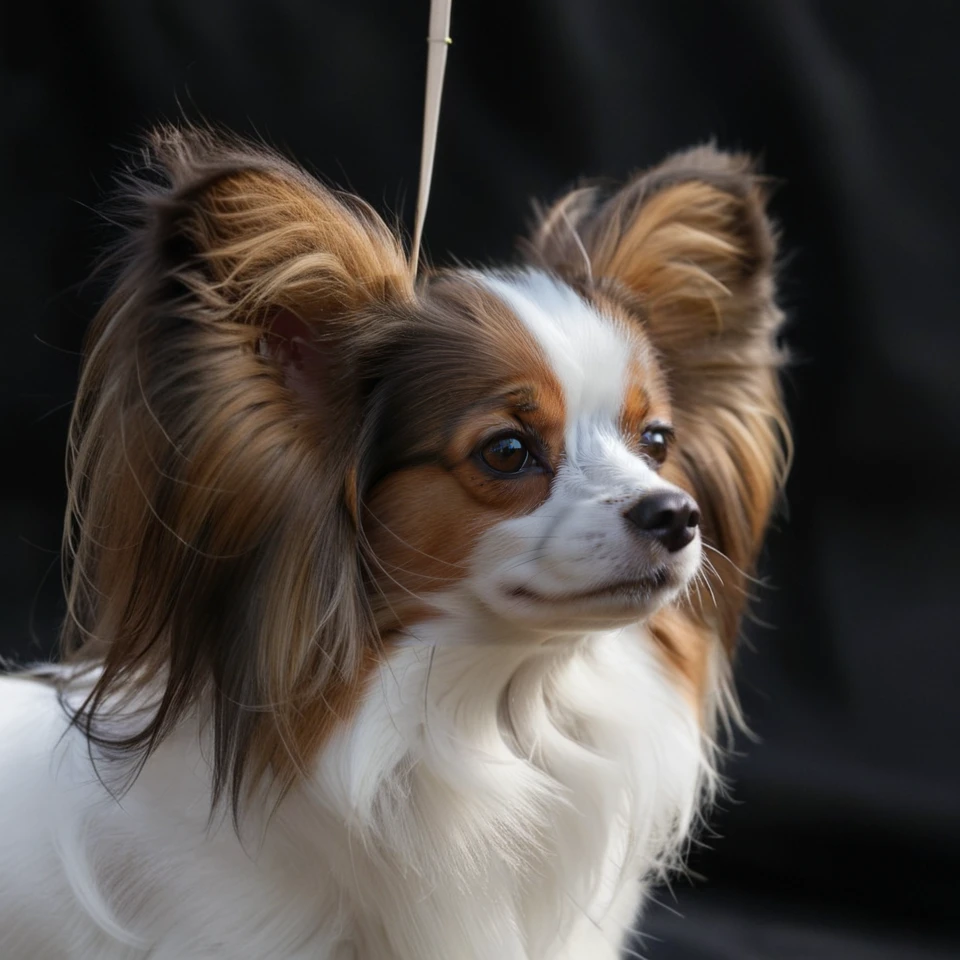 realistic upper body photograph of head (profile:1.1) of brown-white continental toy spaniel (Papillon:1.1)  dog having (long-hair ears:1.3) (head:1.1), The dog has a narrow white blaze between the eyes, the dog's forehead hangs over its muzzle
BREAK illustration, flat vector graphics, (monochrome two colors:1.2), thin sharp outline, sticker imitation, NOBLEDOGS_CTS  <lora:NOBLEDOGS_CTS-000018:0.65>