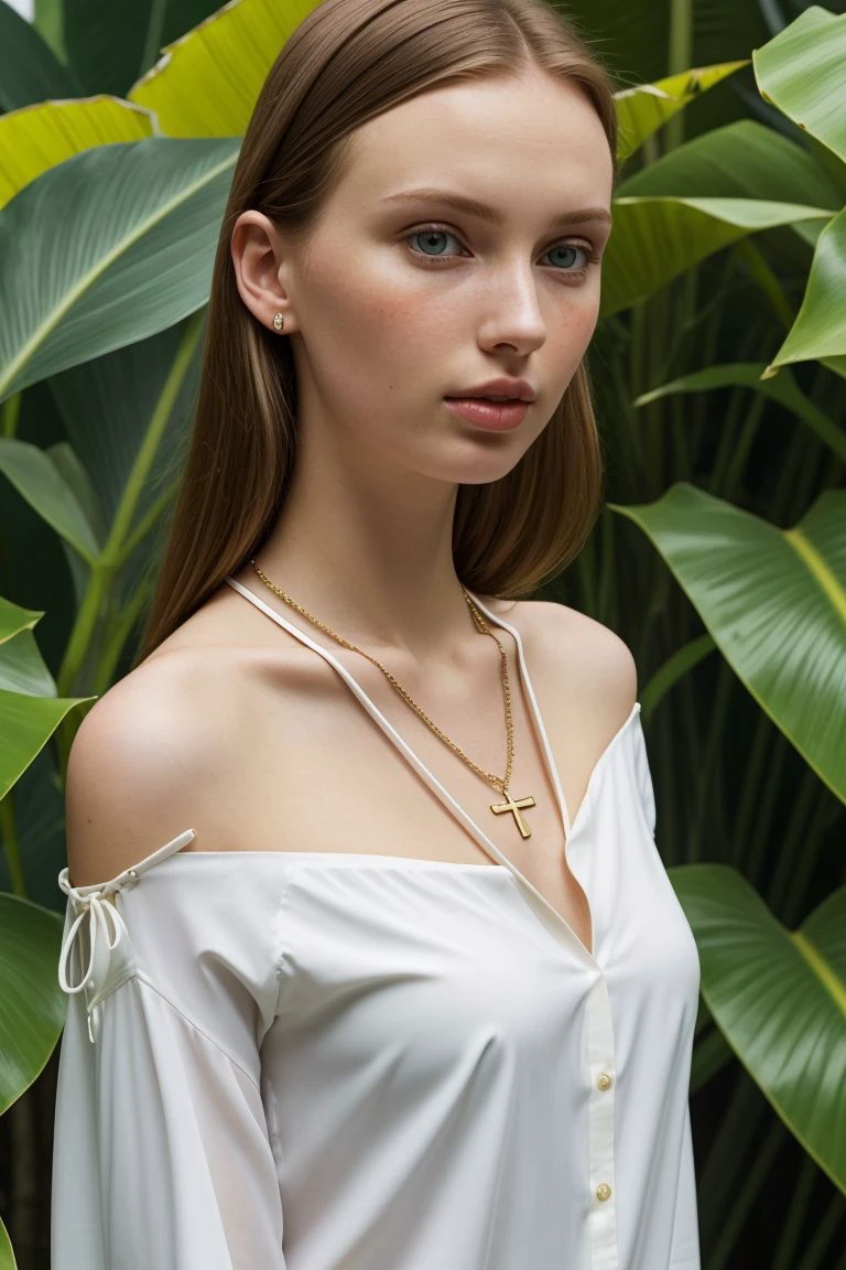 European woman, closeup, (shirt), pants, (tropical jungle), cross necklace , ZM_stacy, wide shoulders, perfect face, (contact iris: 1.1), pale skin, skin pores , depth of field