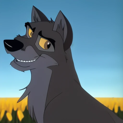 b@lt0, wolfdog, outdoors, smile, in field, from side, masterpiece, best quality, high quality