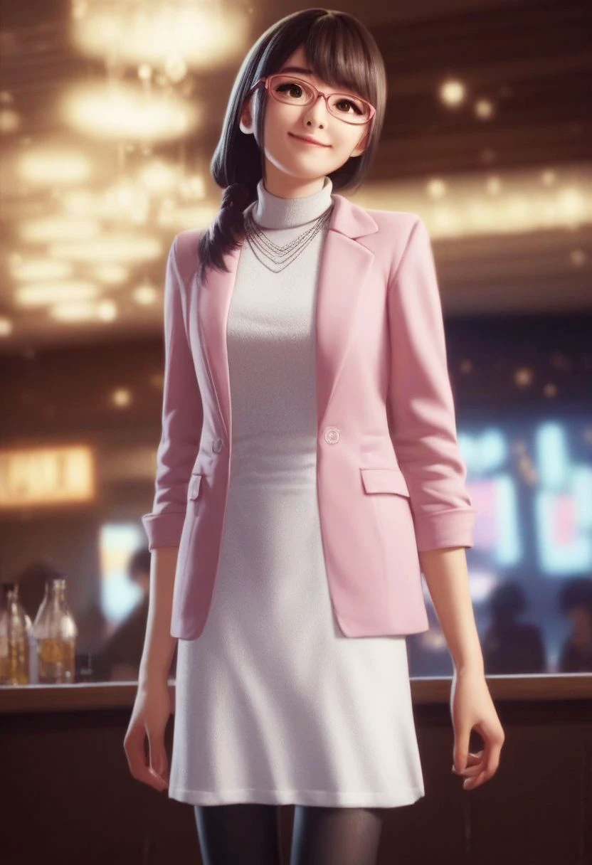 score_9_up, score_8_up, score_7_up, score_6_up, score_5_up, score_4_up, yuki_kiwami2, glasses, brown eyes, pink jacket, white turtleneck dress, necklace, black pantyhose, cute smile, in a nightclub, (painted art:1.3)