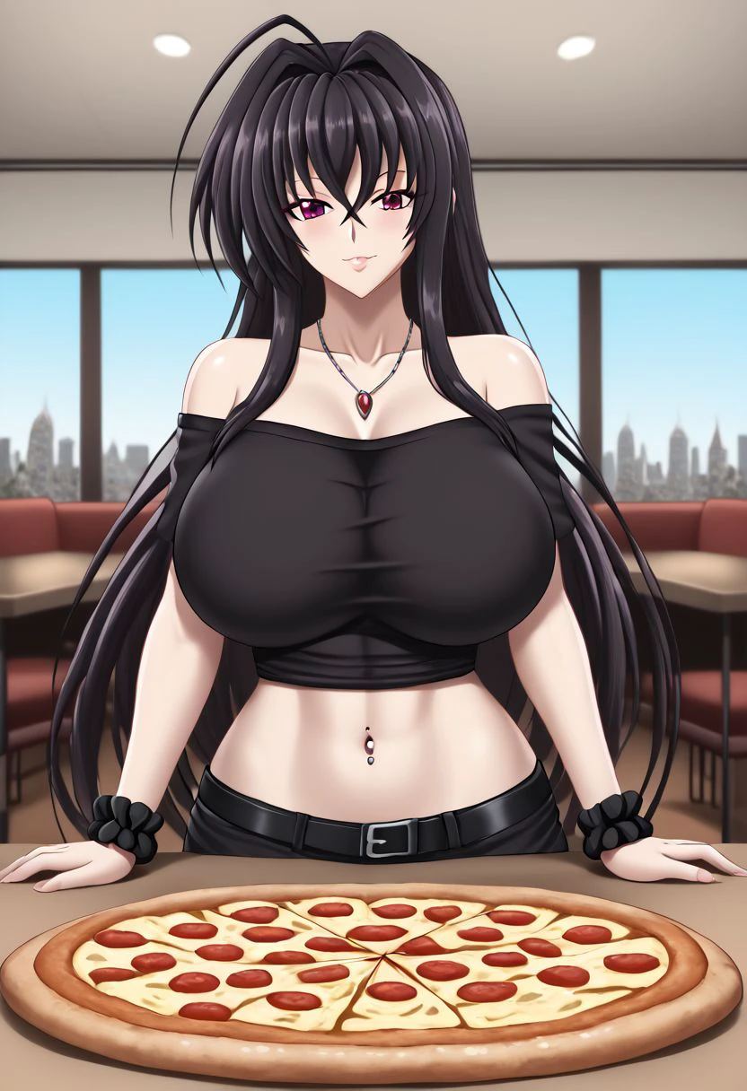 Masterpiece, best quality, high quality, highres, 4k, detailed face, sysdeep_hah, DxD, raynare, black hair, maroon eyes, crossed bangs, long hair, huge breast, wrist scrunchie, black shirt, off shoulder, midriff, navel piercing, necklace, pov across table, pizza, elbow on table, arm support, restaurant,