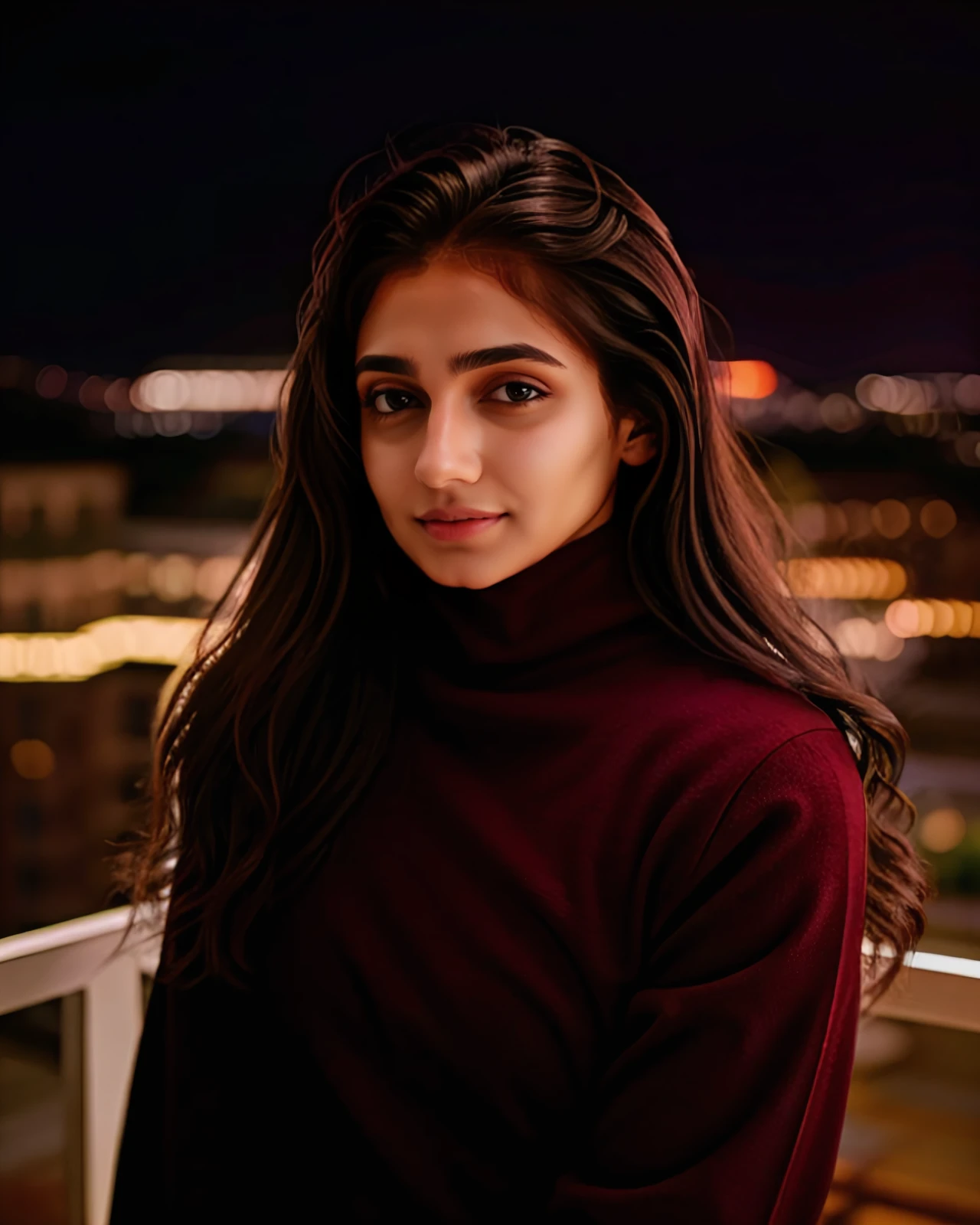 portrait photo of a vdka woman, wearing high-neck Burgundy clothing, solo, serious look, night time, city lights  in background bokeh    <lora:vdka_Vedika_Pinto_SD15_LoRA_prodigy_local_regs_HNepochs:1>