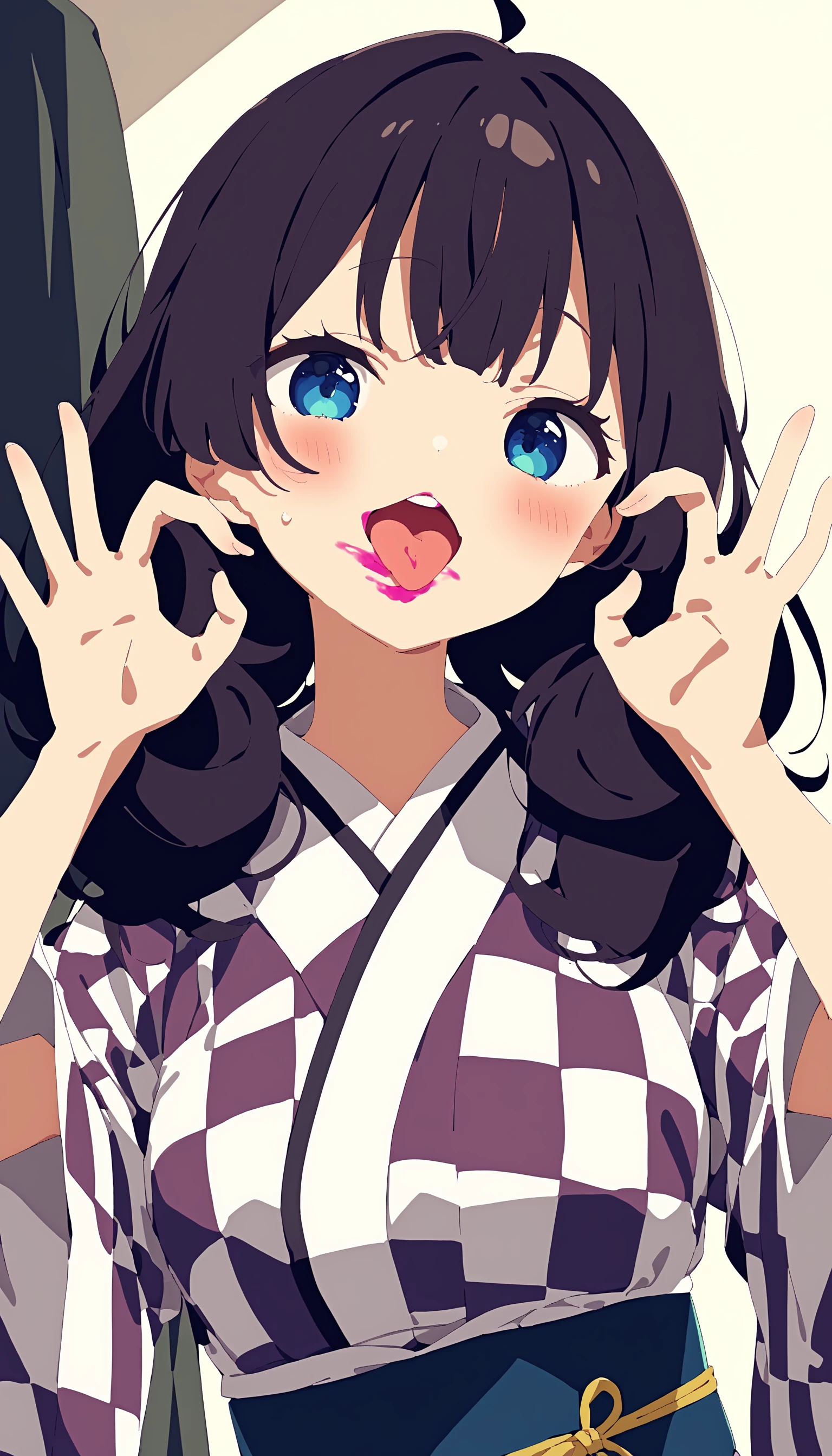 1girl,(nekojira:1.1),kamo kamen,haku geroda,mamyouda,sy4,
solo,blush,tongue out,ok sign over muoth,open mouth,happy,medium shaggy hair,furisode,checkered shirt,upper body,dynamic_angle,<lora:smeared lipstick_XL_bx-v2.04:1>,smeared lipstick,
masterpiece,best quality,great quality,newest,recent,absurdres,