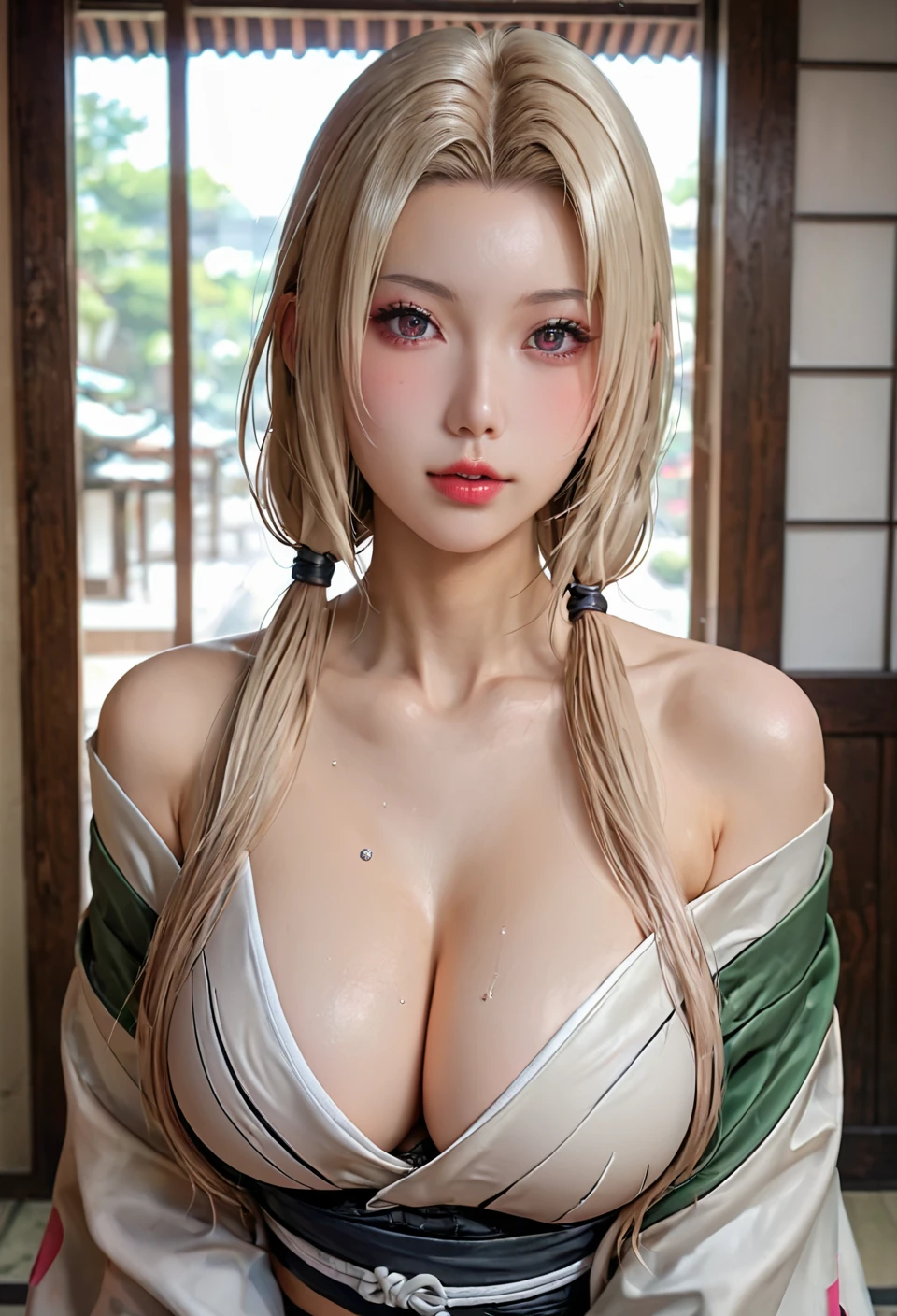 score_9, score_8_up, score_7_up, best quality, masterpiece,realistic, 1girl, breasts, tsunade (naruto), solo, blonde hair, large breasts, cleavage, looking at viewer, sash, japanese clothes, facial mark, forehead mark, parted lips, bare shoulders, collarbone, blush, brown eyes, off shoulder, kimono, long hair, obi, twintails, long sleeves, sliding doors, bangs, parted bangs, wide sleeves, indoors