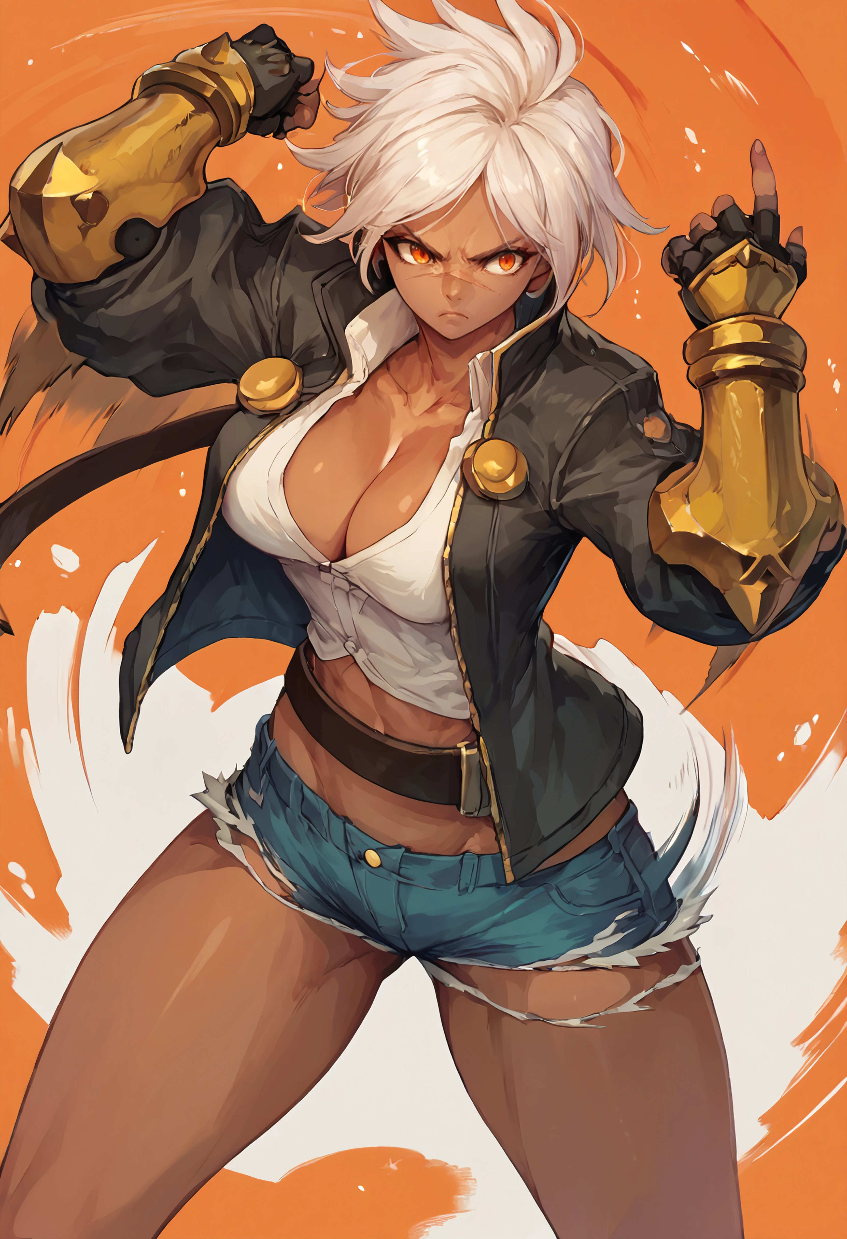 score_9, score_8_up, score_7_up, score_6_up BREAK solo,bulletbb, dark-skinned female, scar on face,orange eyes,white hair,jacket, cleavage,shirt, belt, cutoffs, gauntlets,fingerless gloves,fighting pose,motion lines,motion blur,abstract background <lora:Bullet_BB:0.8>