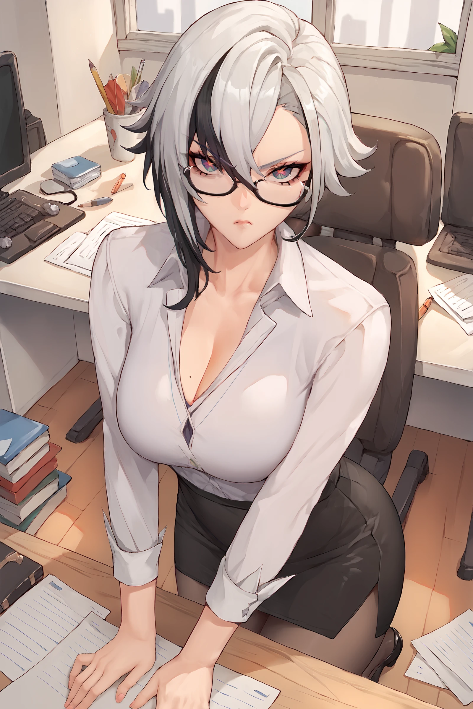 score_9, score_8_up, score_7_up, source_anime , 1girl, arlecchino \(genshin impact\), solo, office lady, white collared shirt, pencil skirt, black pantyhose, glasses, glaring, looking at viewer, hand on eyewear, office, indoors, depth of field <lora:Expressive_H:0.4> <lora:odanon_style_v2:0.5> <lora:Char-Genshin-Arlecchino-Pony-V1:0.9>