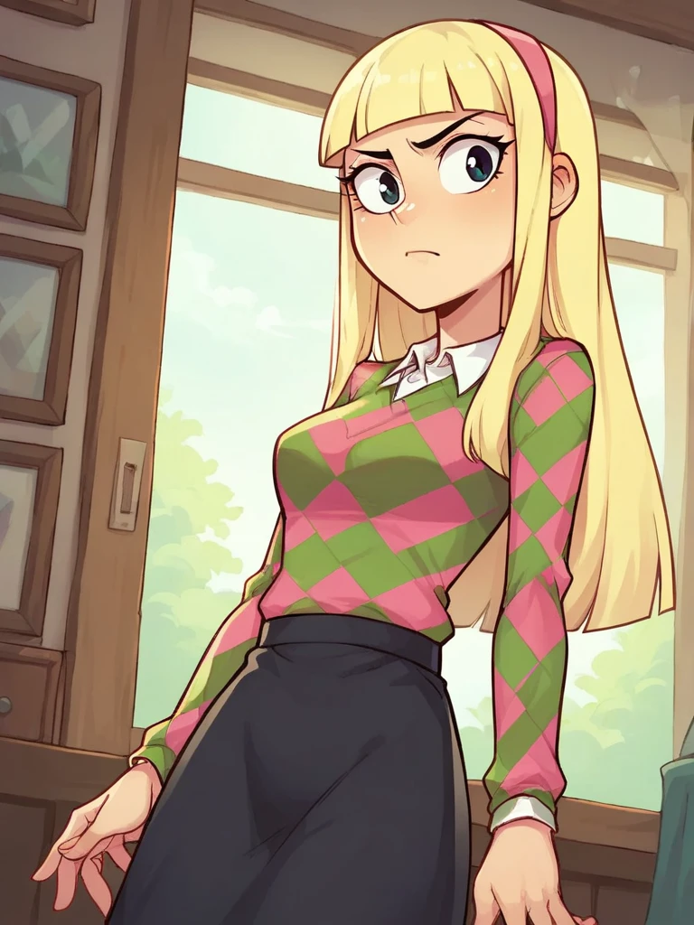 score_9, score_8_up, score_7_up, 
1girl, kendall perkins, blonde hair, blunt bangs, pink hairband, black eyes, long hair, medium breasts,

looking at viewer, frown, 
standing, indoors,

argyle sweater, long sleeves, black skirt, 