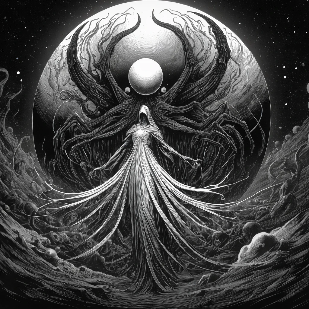 Fresh and creative pen strokes,Black and white style. Clear lines. Bio Style,Digital art inspired by the cosmic horrors found in the works of Algernon Blackwood, An enigmatic space horror takes the form of a colossal eye within a grand sphere, Eldritch entities, reminiscent of Blackwood's creations, emerge as Cthulhu ominously consumes the sun, Thousands of humanity's last defenders, along with starships, embark on a desperate mission to thwart this cosmic threat, Crafted in mesmerizing high definition 8K, the celestial battleground unfolds against the backdrop of the Milky Way, partially obscured by cosmic shadows. Mind flayers, illithids, and abyssal demons inhabit deep space, engaging in a profound cosmic struggle, signaling an impending cataclysm, Horror-themed I stand amazed by the visionary genius of the artist, the exacting precision of every brush stroke making the canvas come alive with awe inspiring visuals, (illustration of a beautiful angel's final breath as she succumbs to death),angelic robes soaked in blood, the artist mourns the life of a fallen goddess, the death of virtuous saint to hands of evil, the eyes plead with the viewer to release them from their pain, (((intricate background of evil spirits in the shadows))), glow effects, Hand drawn, render, 8k, octane render, cinema 4d, blender, dark, atmospheric 4k ultra detailed, cinematic, Sharp focus, big depth of field, Masterpiece, colors, 3d octane render, 4k, concept art, trending on artstation, hyper realistic, Vivid colors, extremely detailed CG unity 8k wallpaper, trending on CGSociety, Intricate, High Detail, dramatic, Eerie, unsettling, dark, spooky, suspenseful, grim, highly detailed, fantasy character, ink jet, pen drawing, line arrangement.