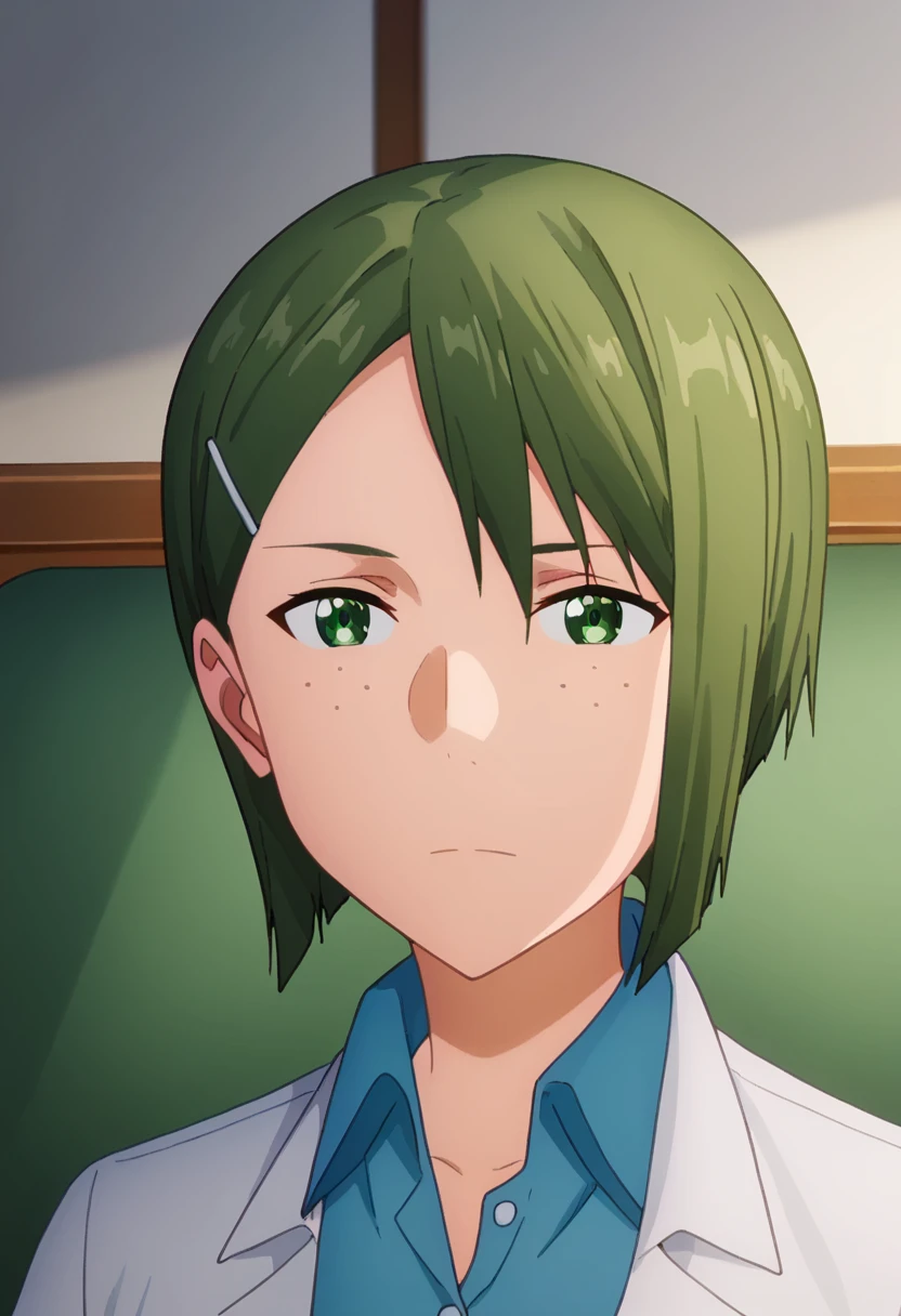 score_9, <lora:koujiro_rinko:1> koujiro_rinko, 1girl, anime coloring, blue shirt, closed mouth, collared shirt, freckles, green eyes, green hair, hair ornament, hairclip, koujiro_rinko, looking at viewer, short hair, sitting, solo, upper body